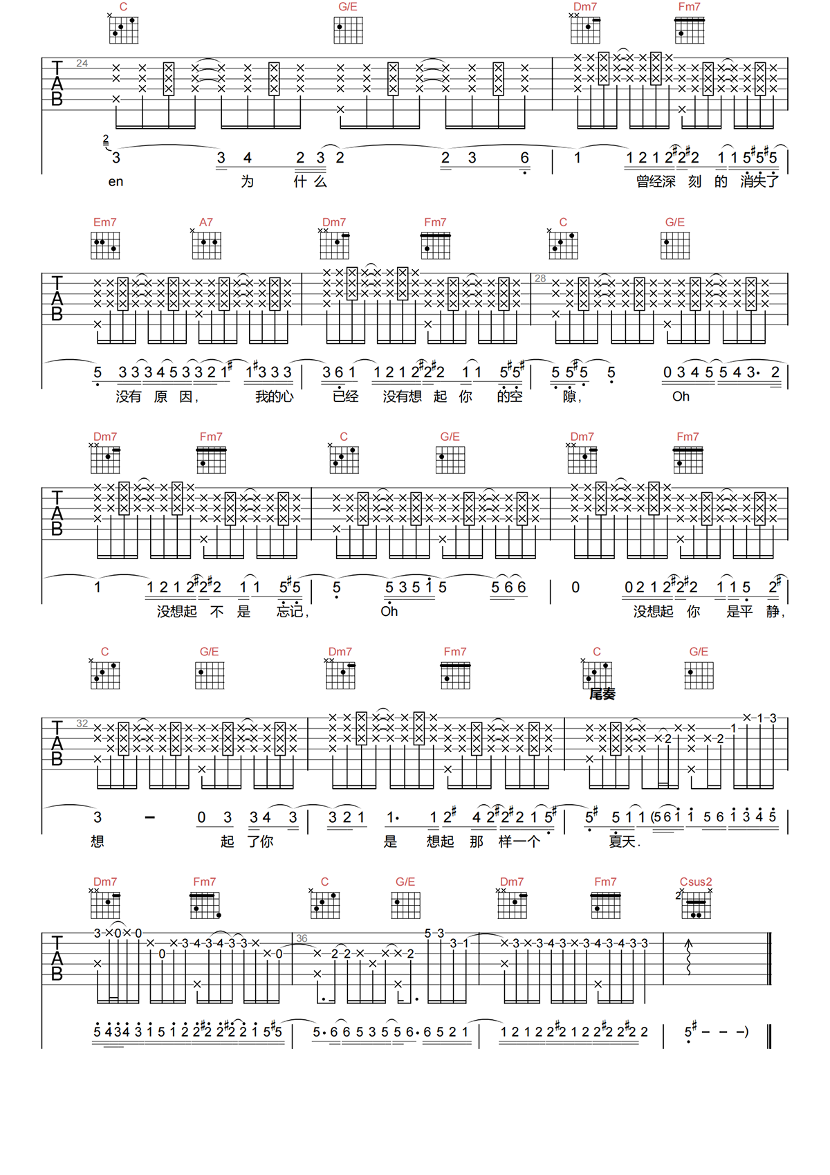 孙燕姿《一样的夏天》吉他谱-C调原版吉他谱