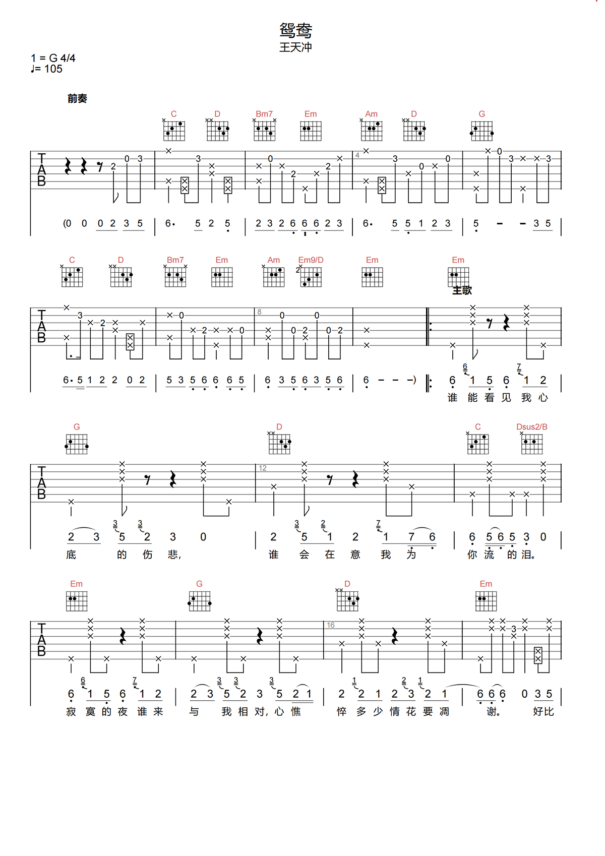 鸳鸯吉他谱-王天冲《鸳鸯》G调吉他谱-原版弹唱谱简谱