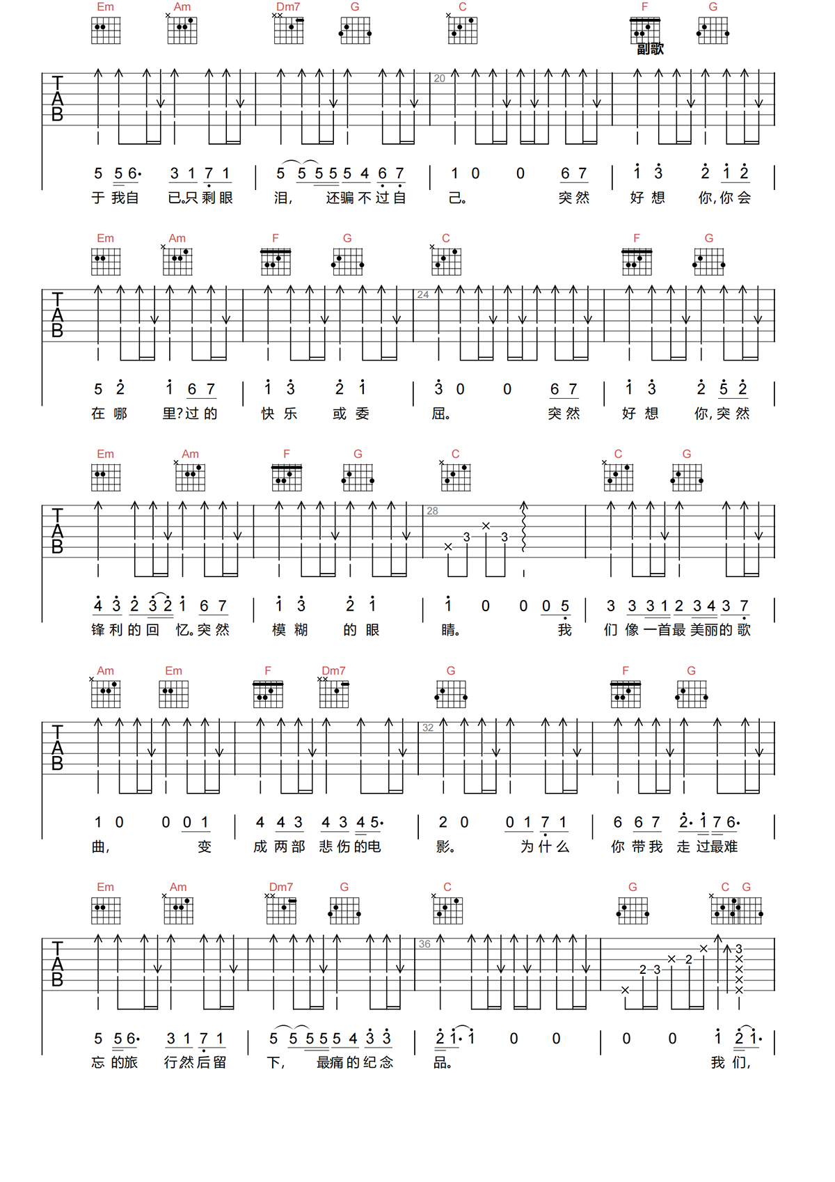 突然好想你吉他谱-五月天-C调简化原版吉他谱简谱