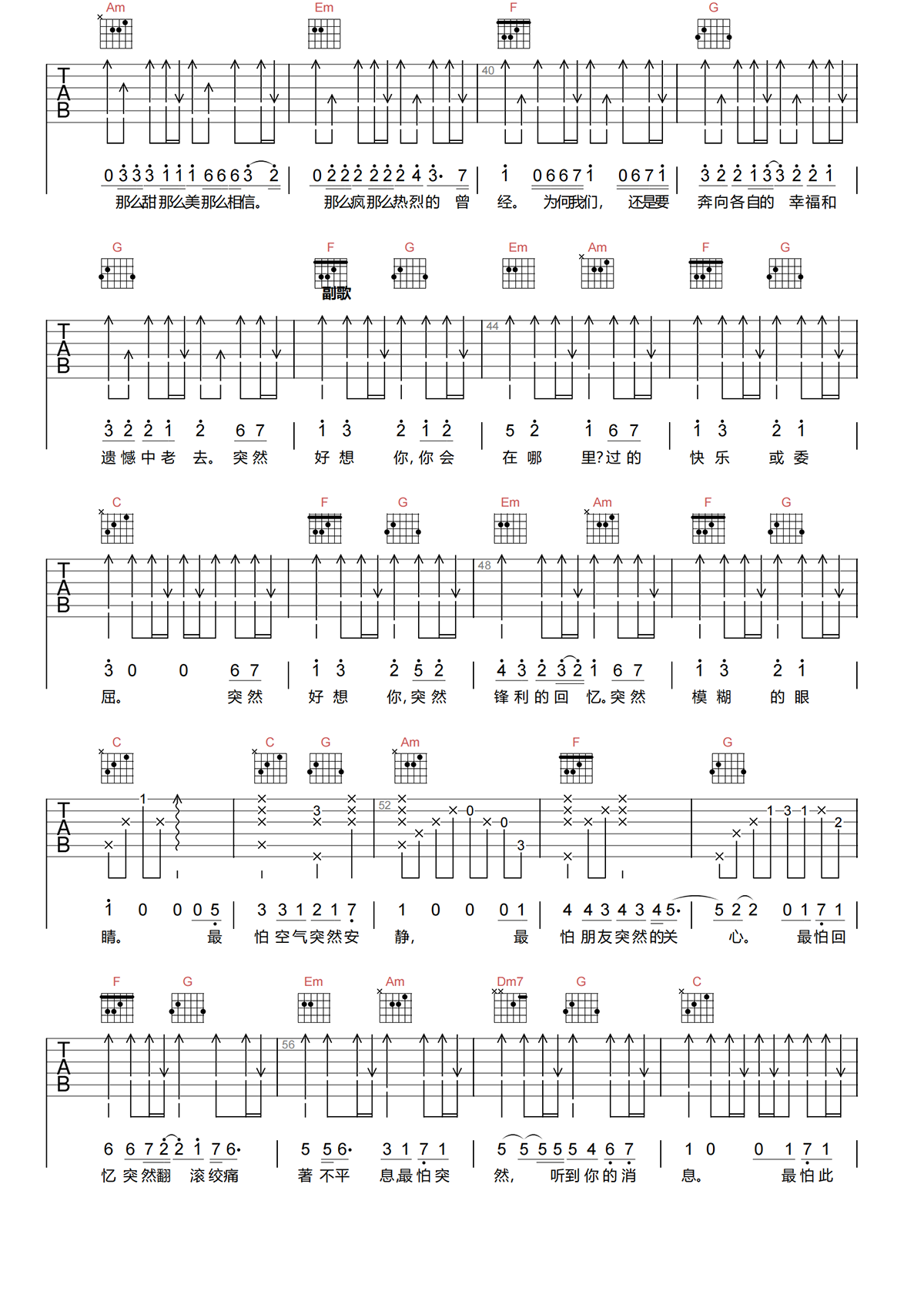 突然好想你吉他谱-五月天-C调简化原版吉他谱简谱