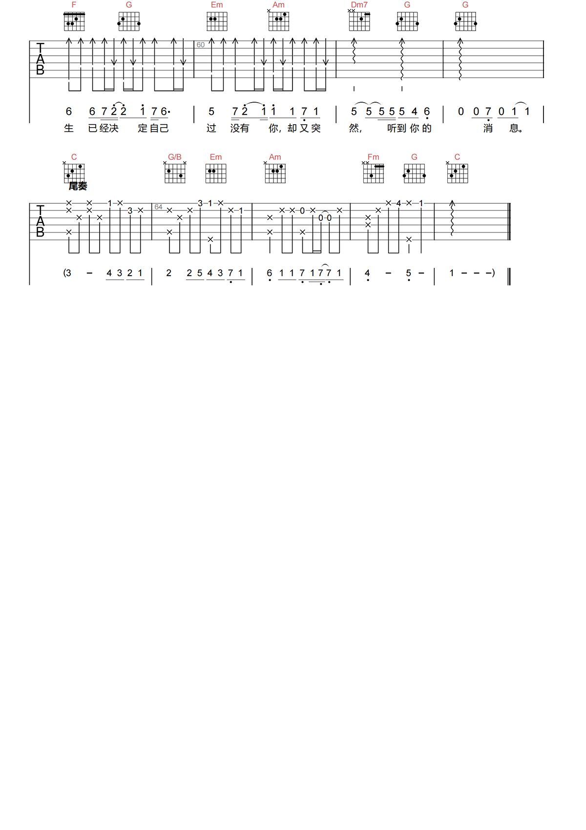 突然好想你吉他谱-五月天-C调简化原版吉他谱简谱