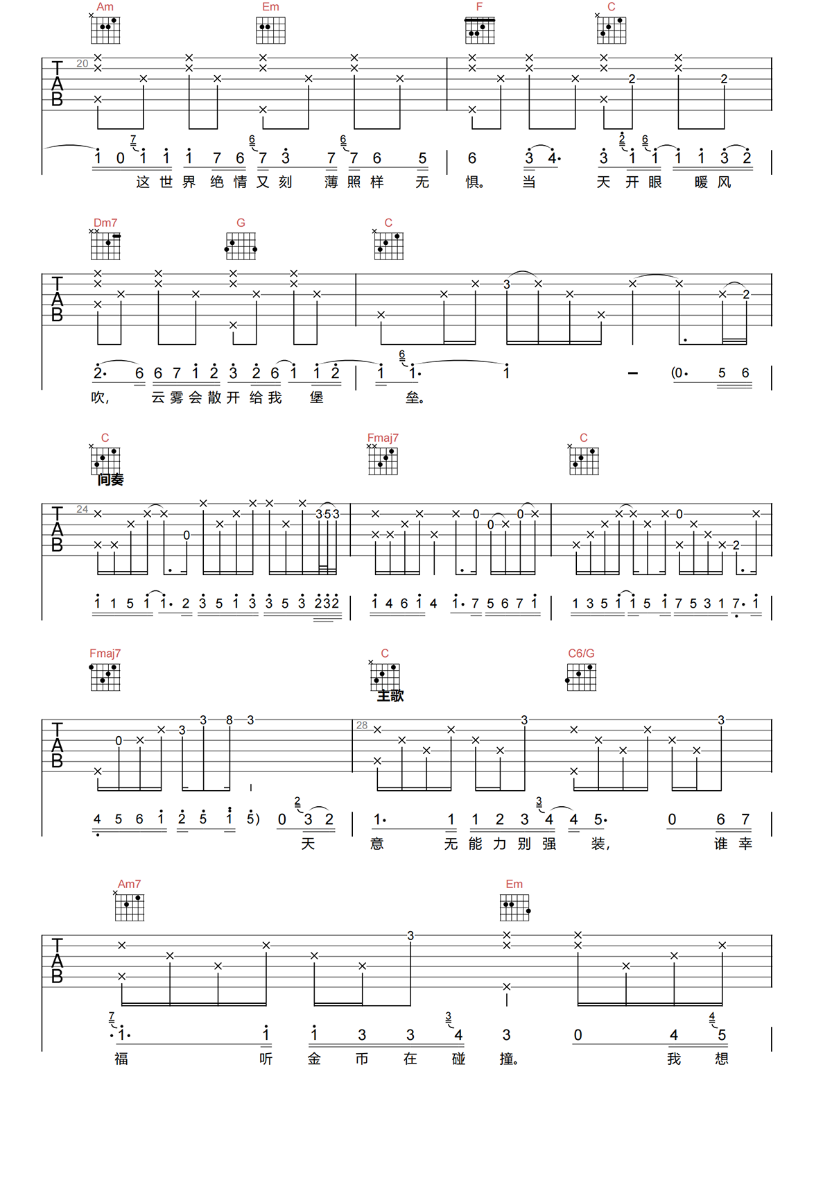 一双手吉他谱-阿细《一双手》C调原版弹唱吉他谱简谱