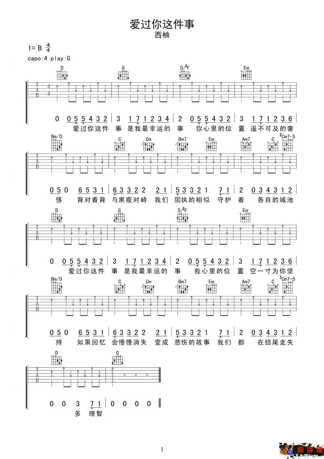 西柚《爱过你这件事》吉他谱-G调简谱