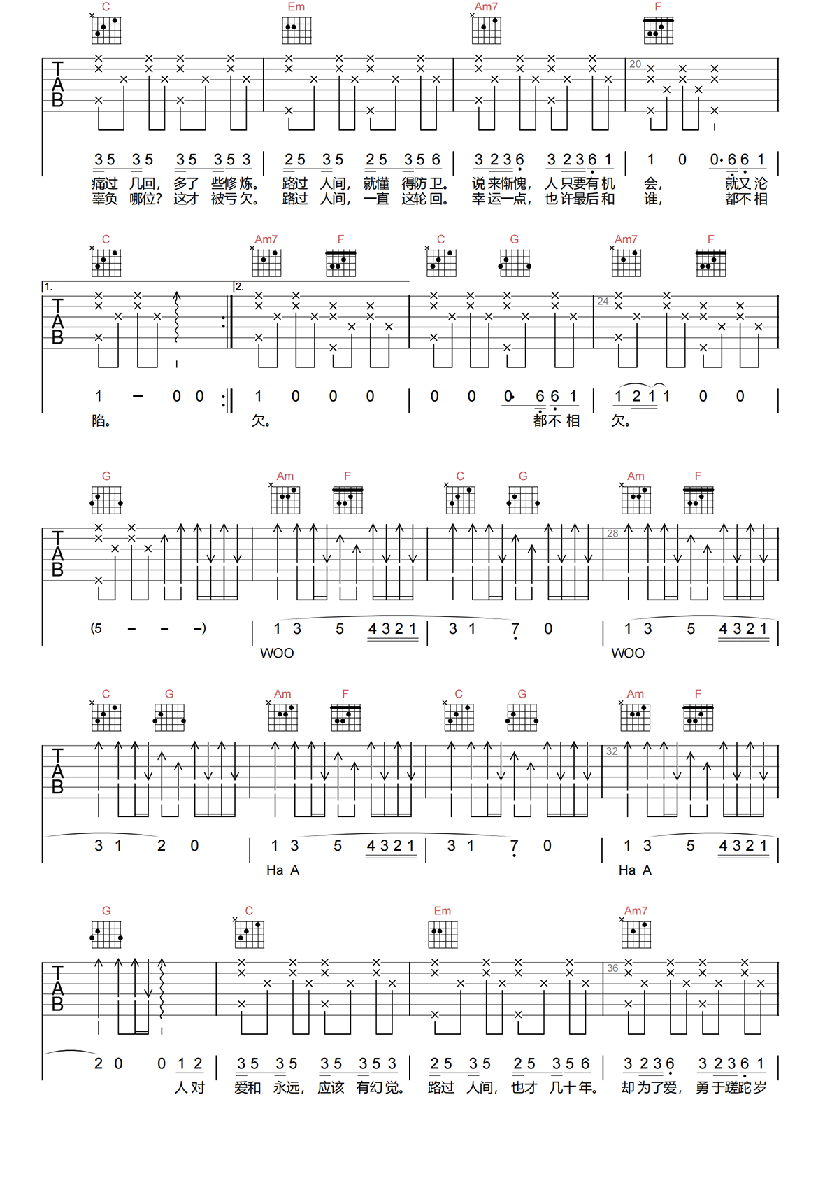 郁可唯《路过人间吉他谱》C调优化原版吉他谱简谱