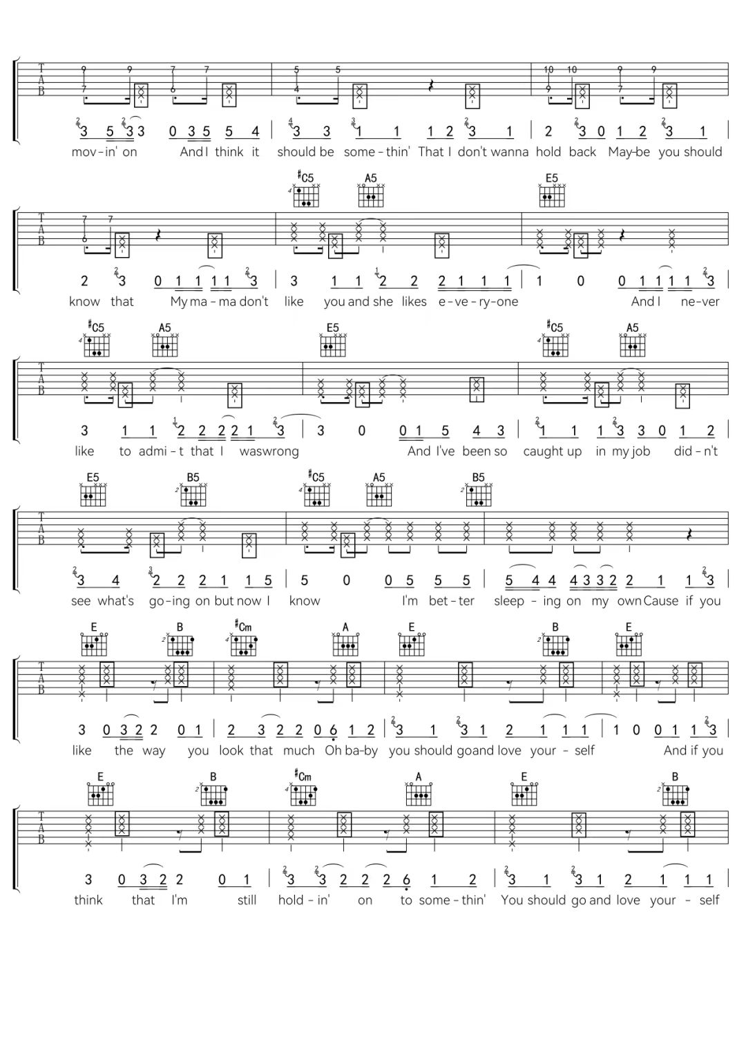 贾斯汀·比伯《Love Yourself》吉他谱-C调简谱