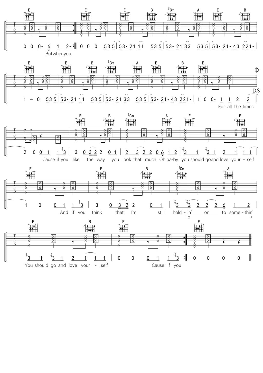 贾斯汀·比伯《Love Yourself》吉他谱-C调简谱