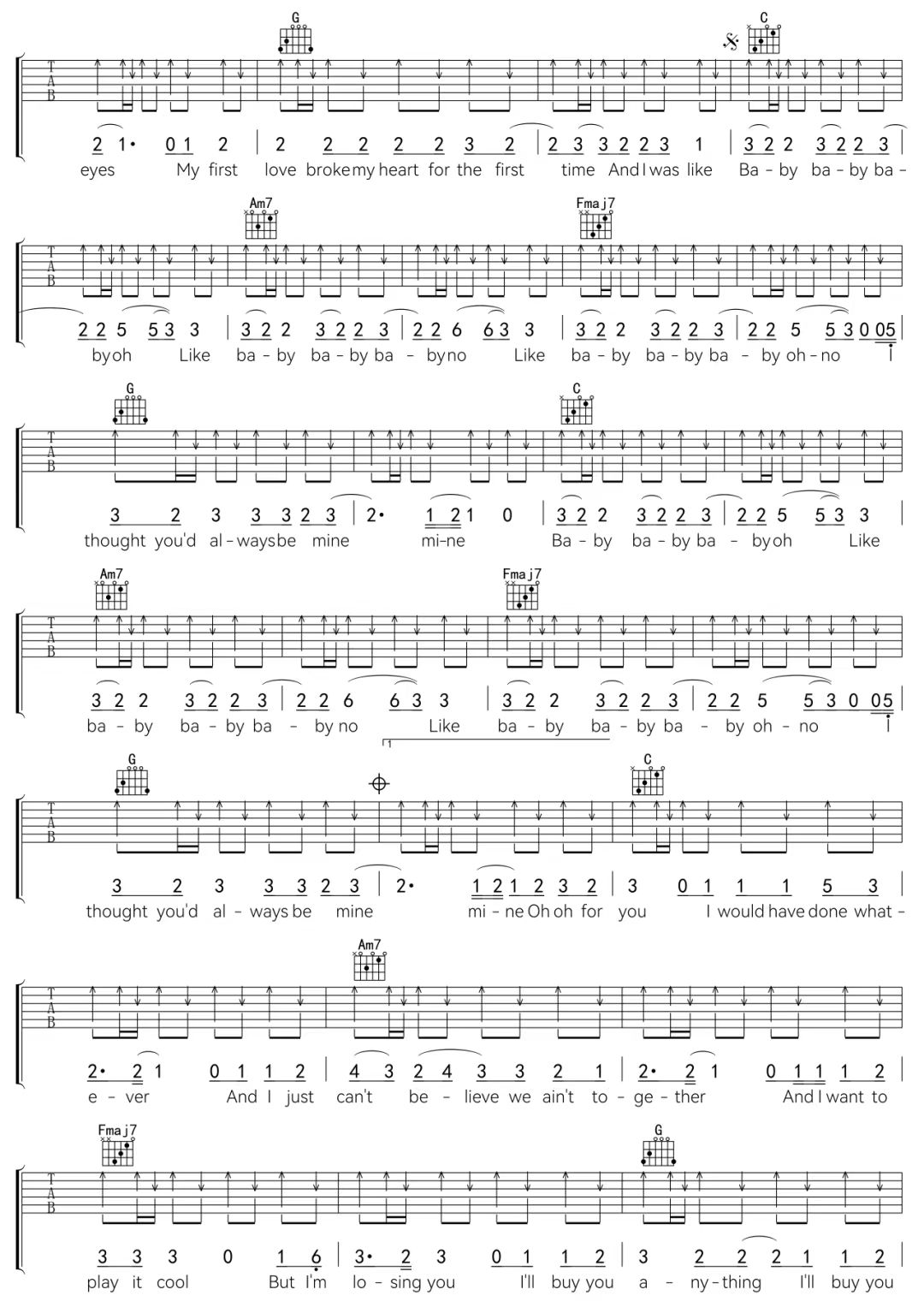 贾斯汀·比伯《Baby》吉他谱-C调简谱