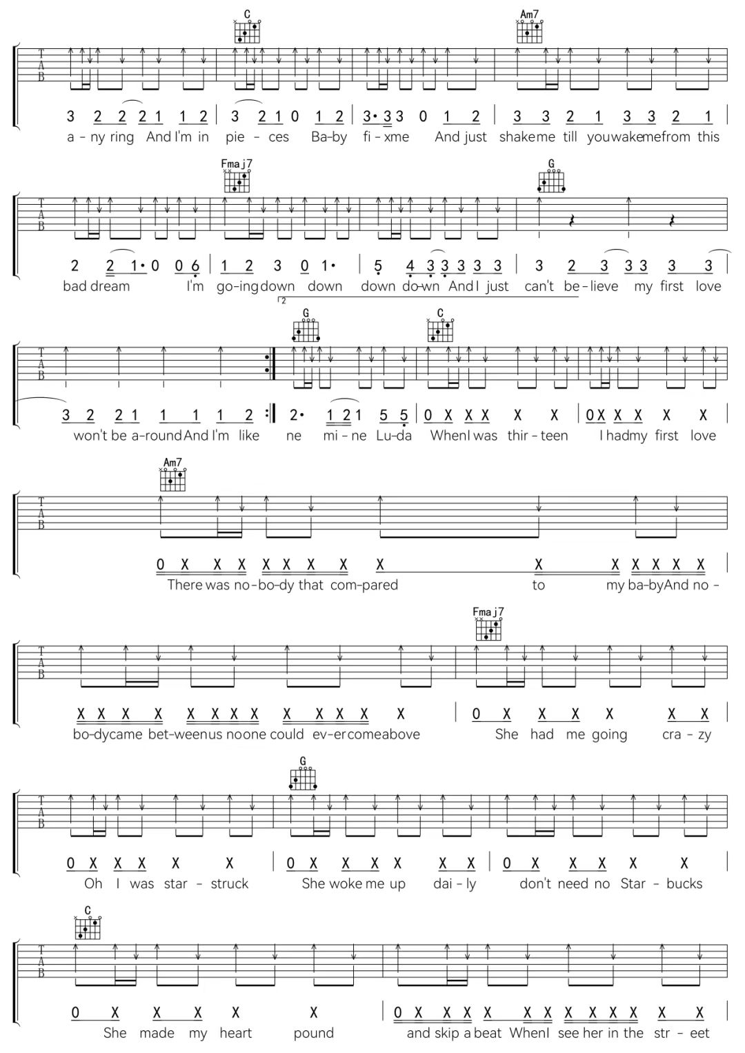 贾斯汀·比伯《Baby》吉他谱-C调简谱