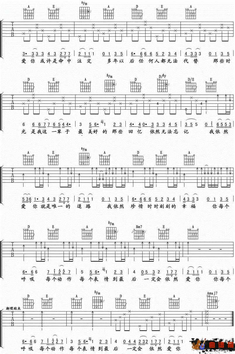 依然爱你吉他谱-王力宏-因为这份爱，每一刻都充满幸福简谱