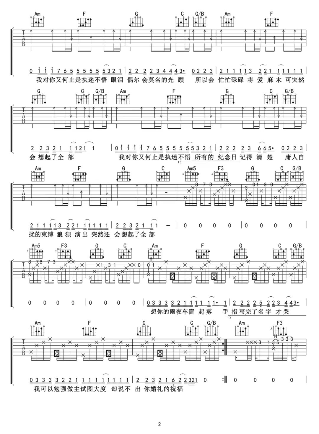 小乐哥《执迷不悟》吉他谱-C调简谱