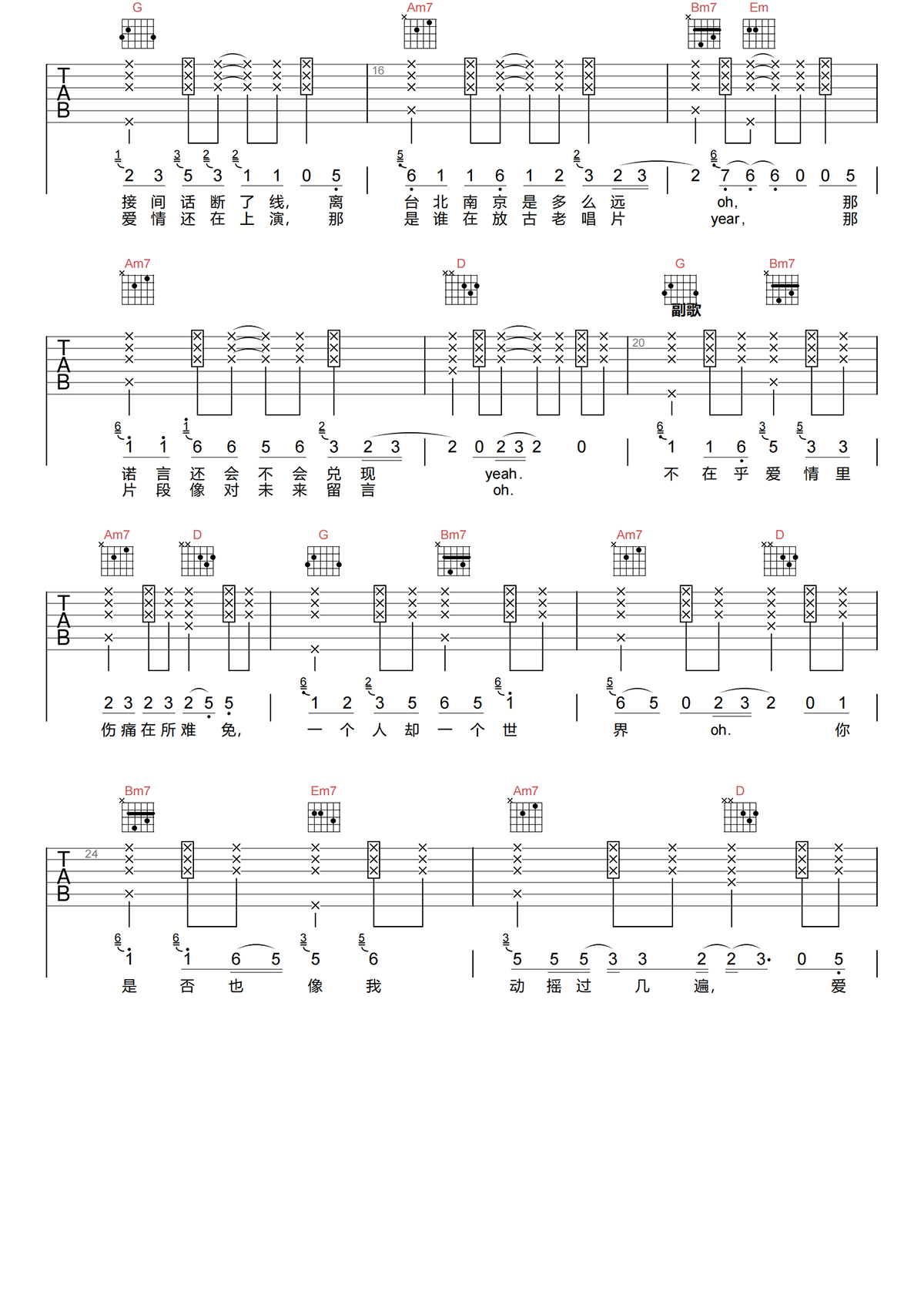 陶喆《SUSAN说》吉他谱 G调原版吉他谱