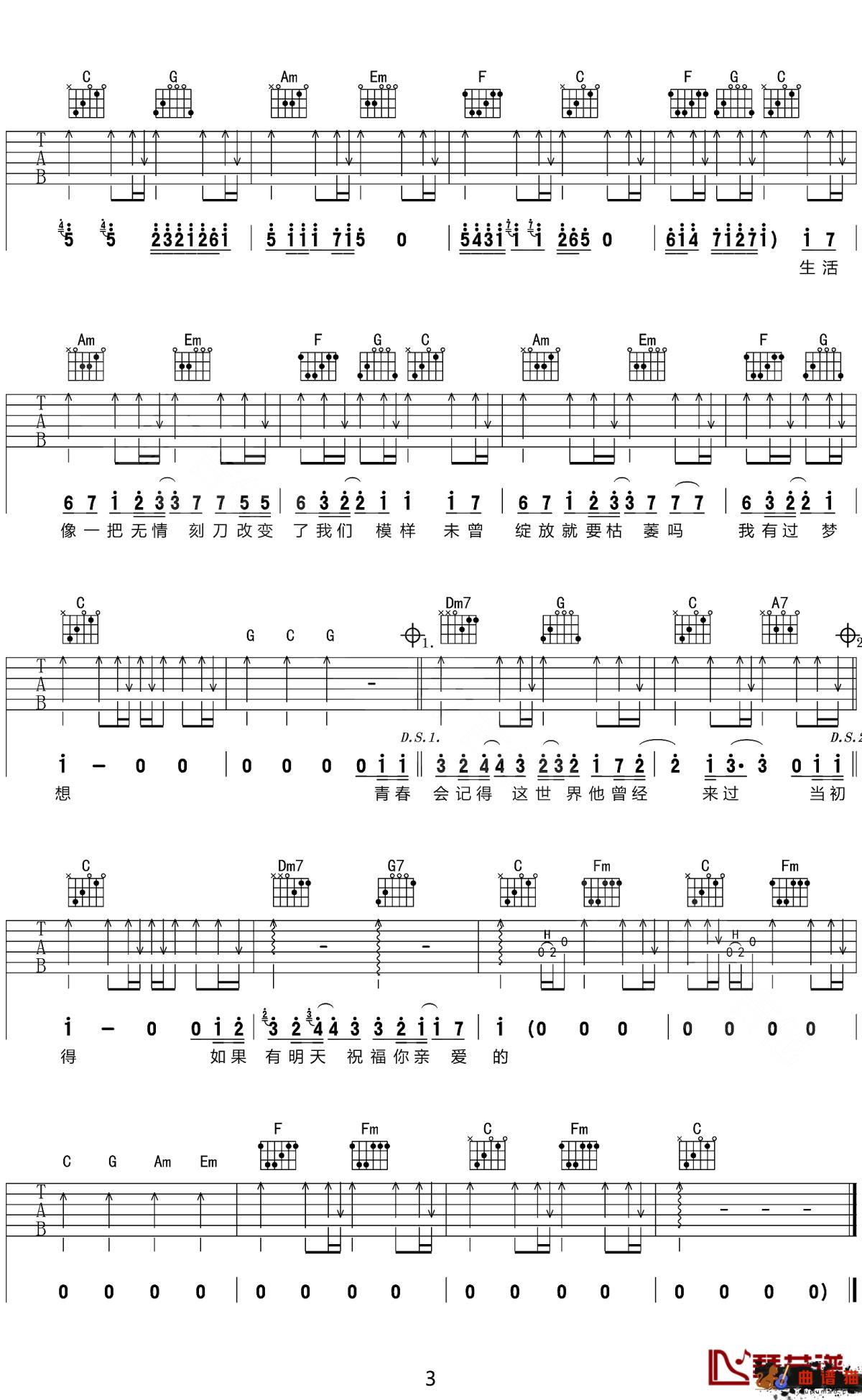 老男孩吉他谱-筷子兄弟-谁都有青春不再的时候，我们需要好好珍惜简谱