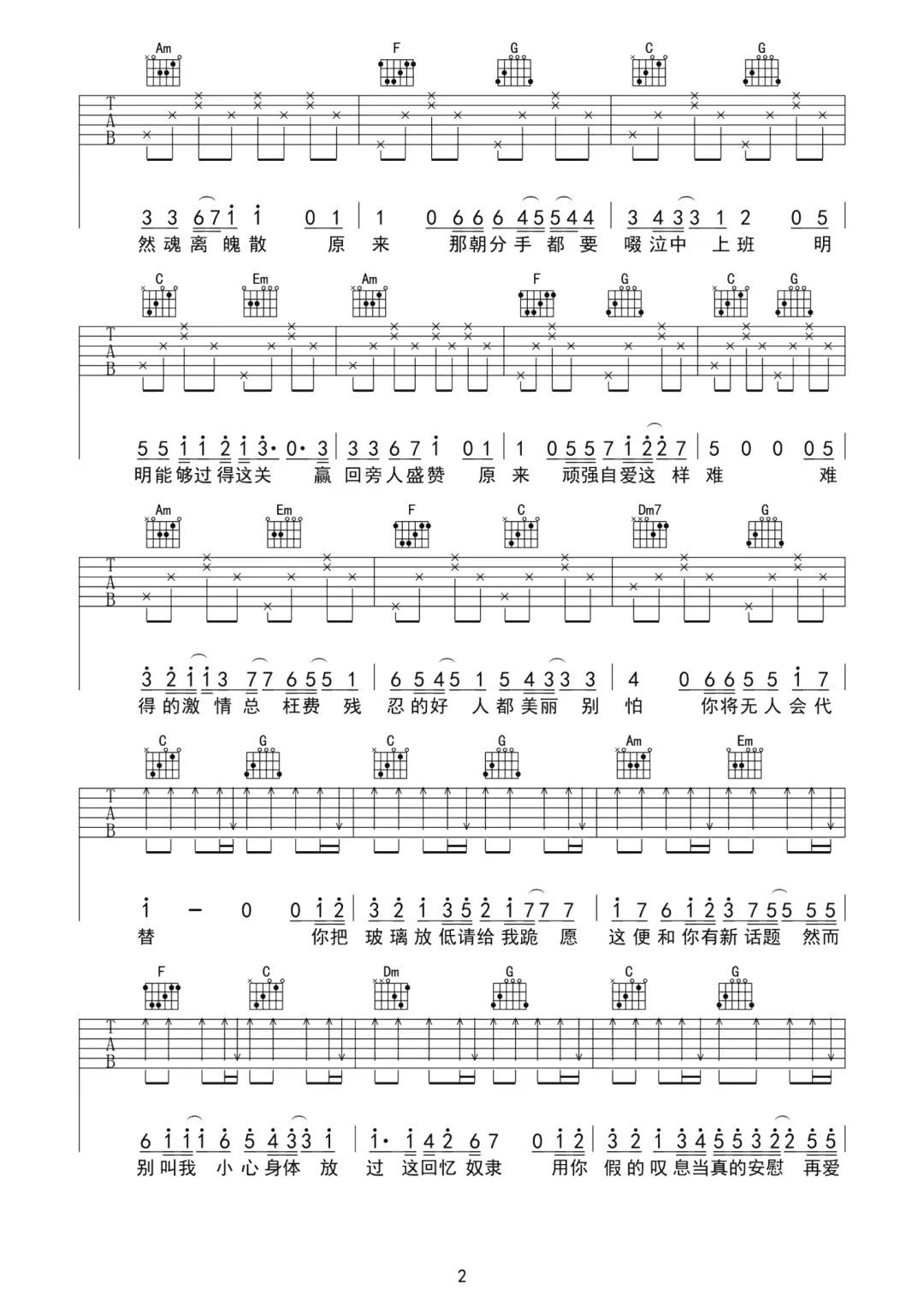 邓岳章《情意结》吉他谱-C调简谱