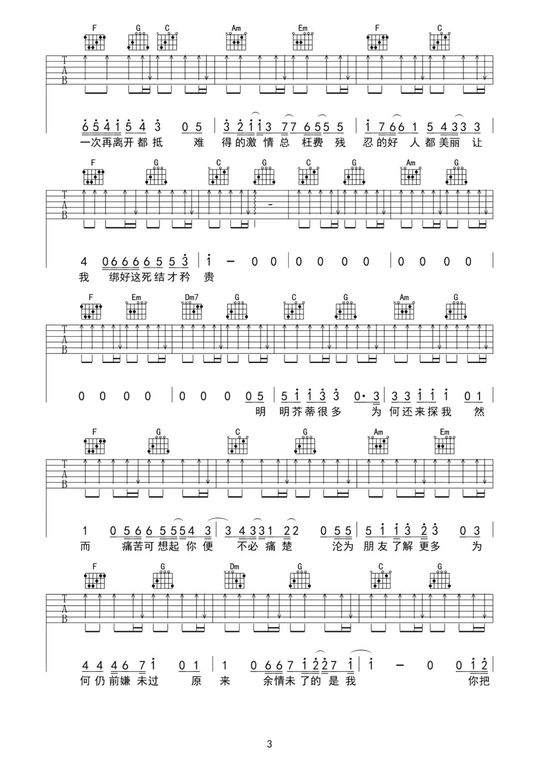 邓岳章《情意结》吉他谱-C调简谱