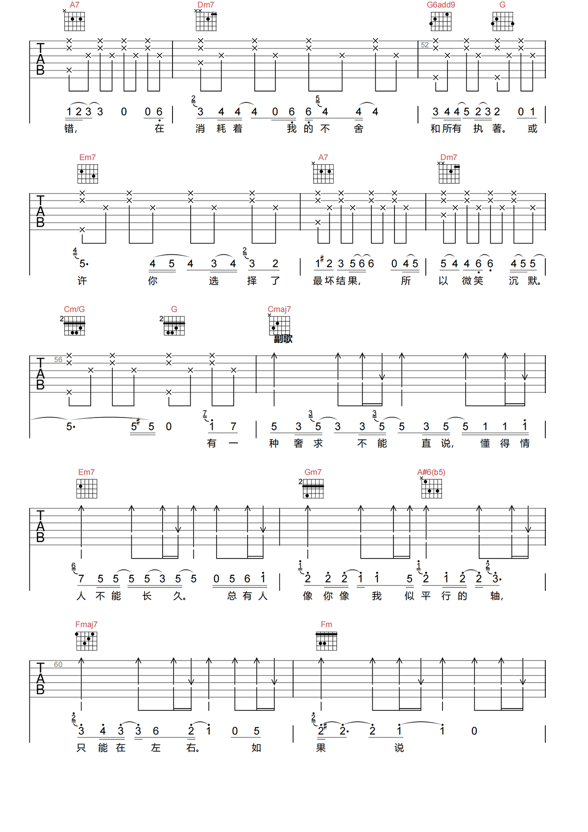 平行线吉他谱-郑润泽-平行线C调吉他谱-原版弹唱谱简谱