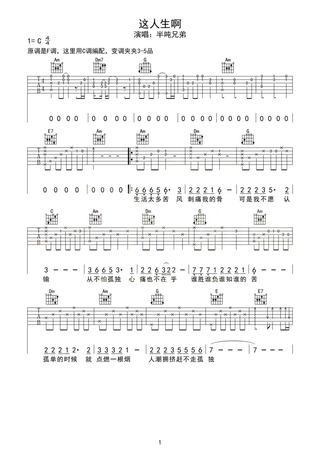 半吨兄弟《这人生啊》吉他谱-C调简谱