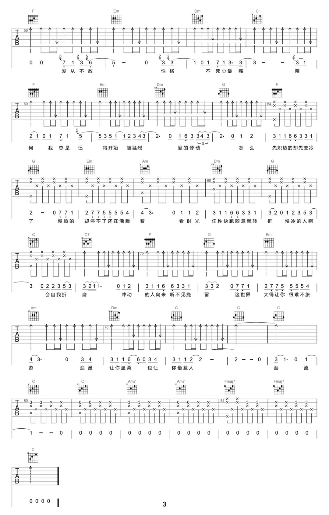 梁静茹《慢冷》吉他谱-C调简谱