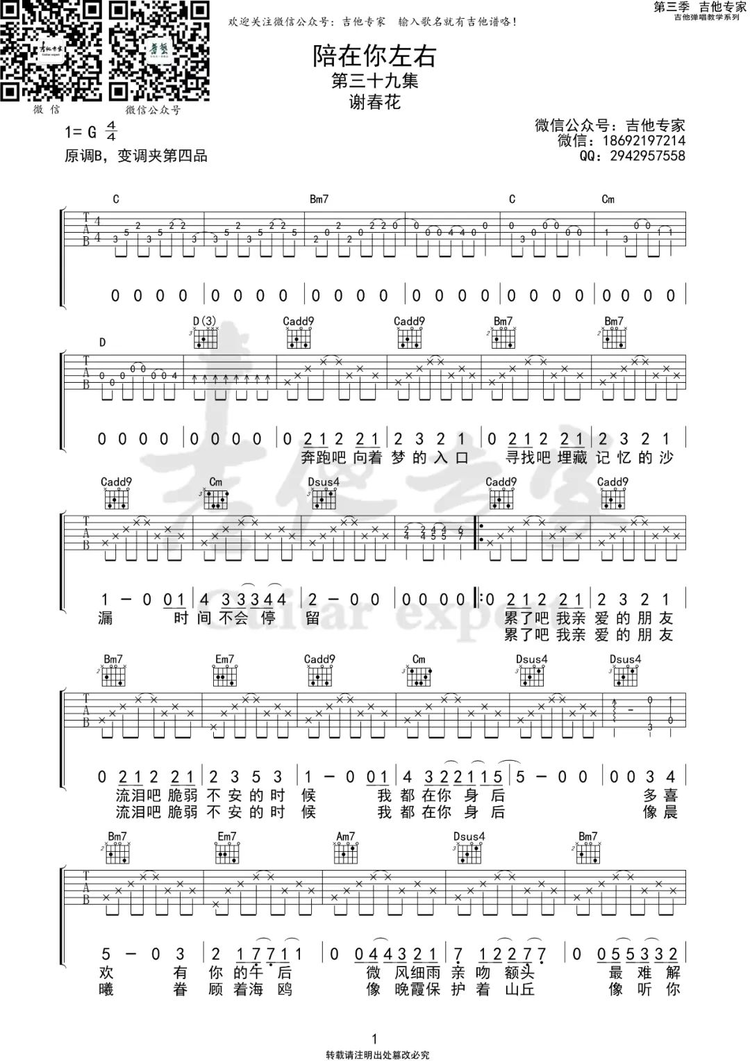 谢春花《陪在你左右吉他谱》G调原版弹唱谱简谱
