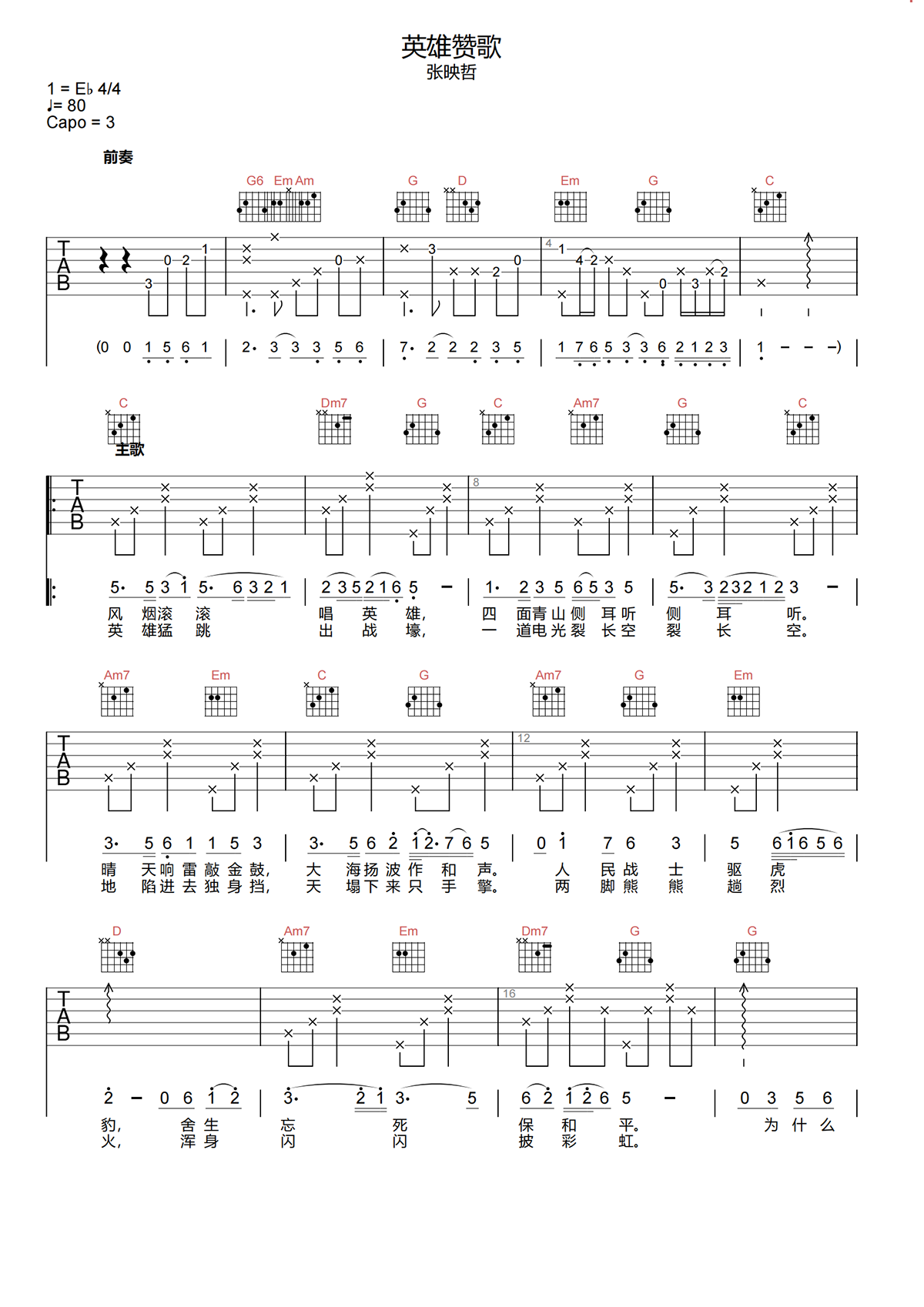 张映哲《英雄赞歌吉他谱》C调原版吉他谱简谱