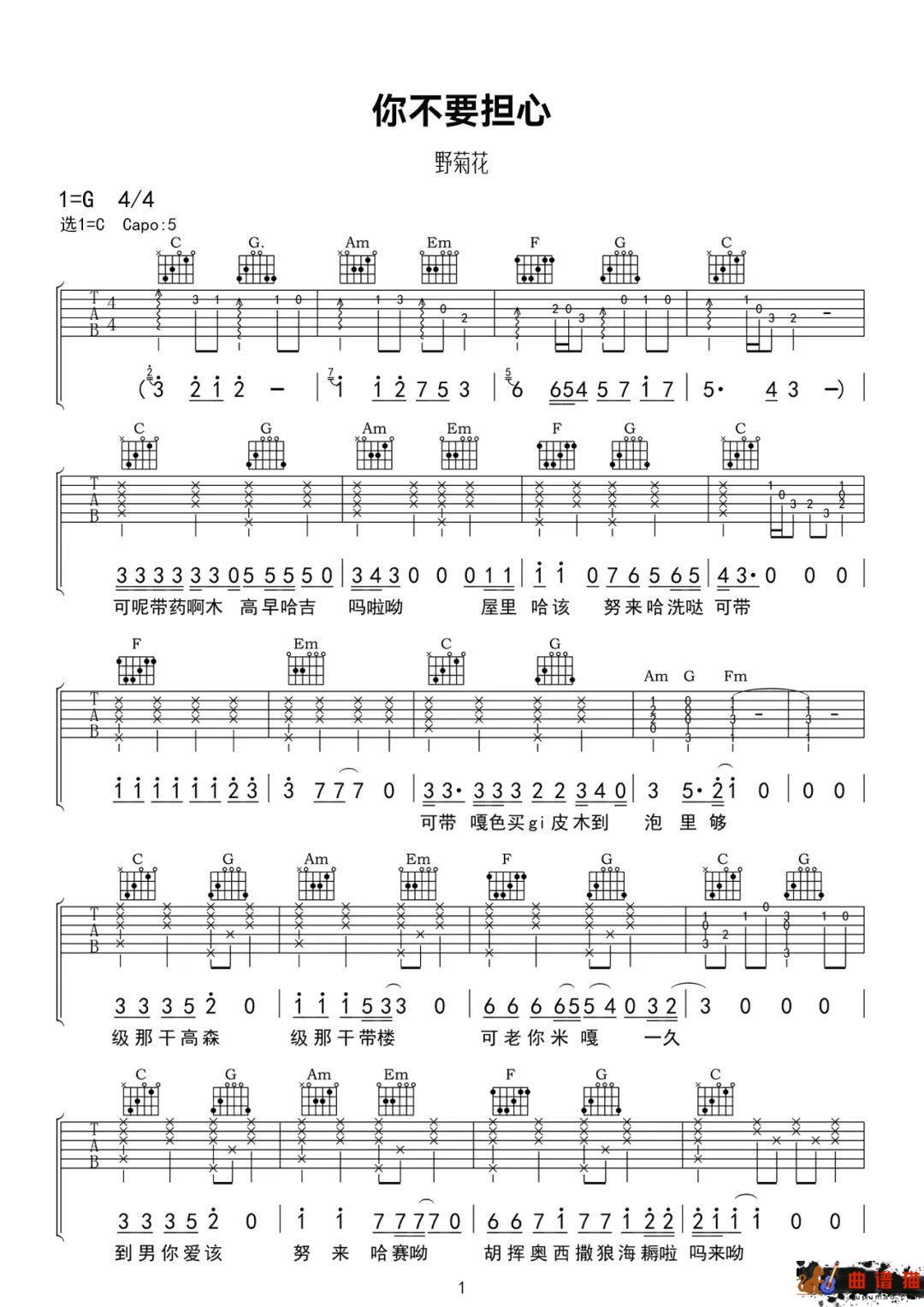 野菊花《你不要担心》吉他谱-C调简谱
