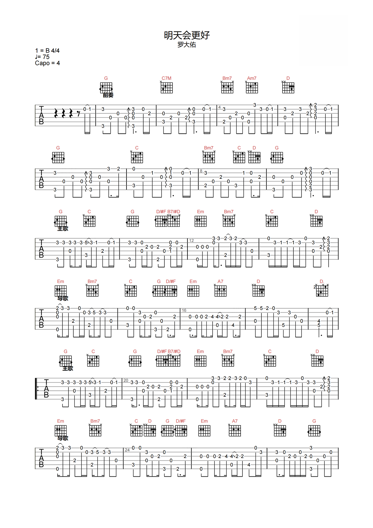 罗大佑《明天会更好》指弹吉他谱-G调独奏谱简谱