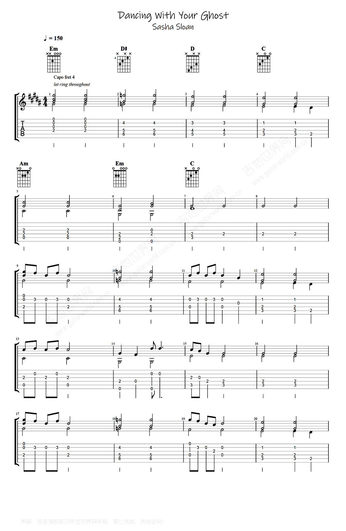 Dancing With Your Ghost指弹吉他谱-Sasha Sloan-独奏吉他谱简谱