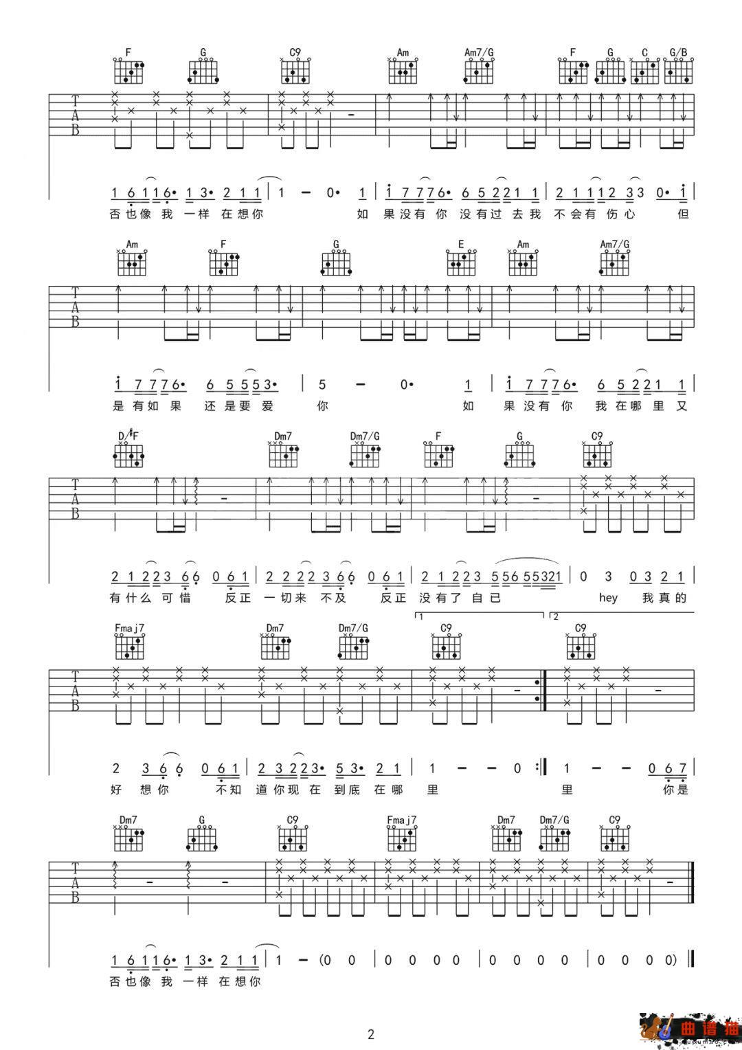 莫文蔚《如果没有你》吉他谱 -C调简谱