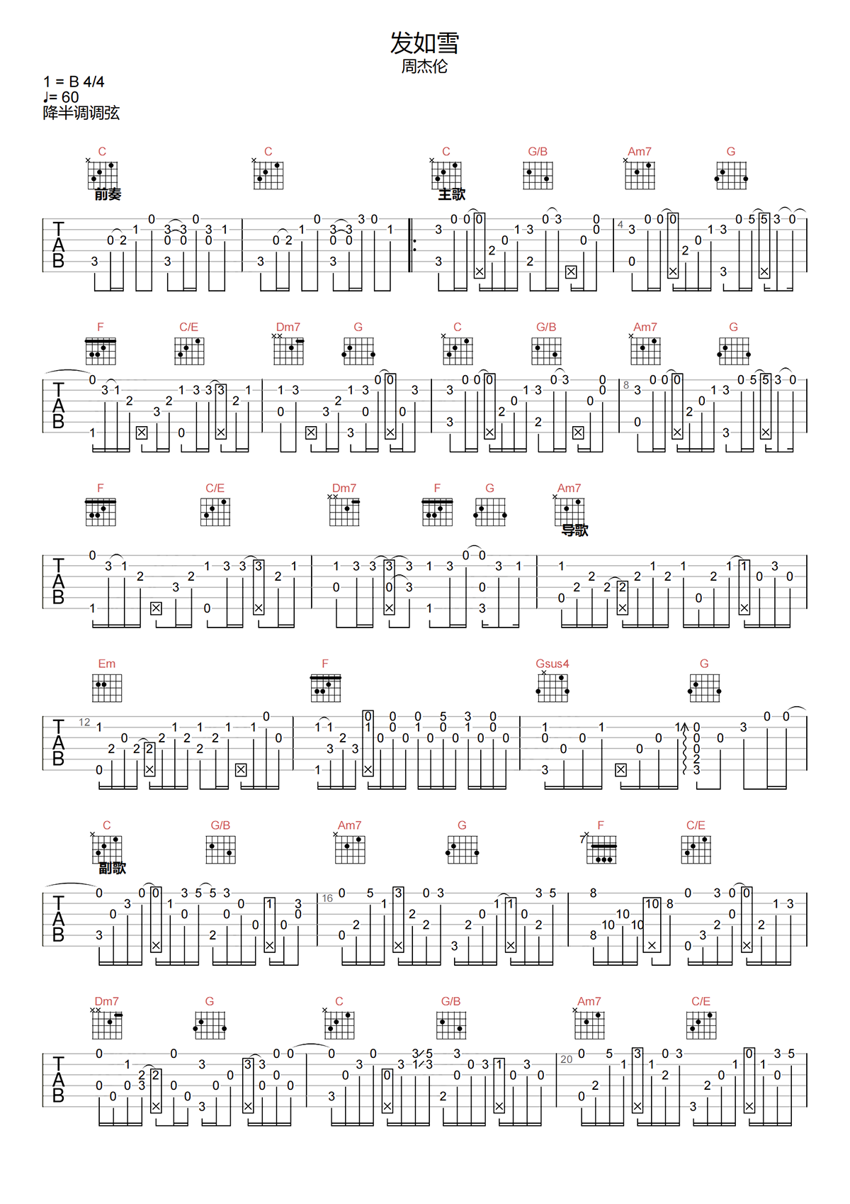 发如雪指弹吉他谱-周杰伦-《发如雪》高清独奏吉他谱简谱
