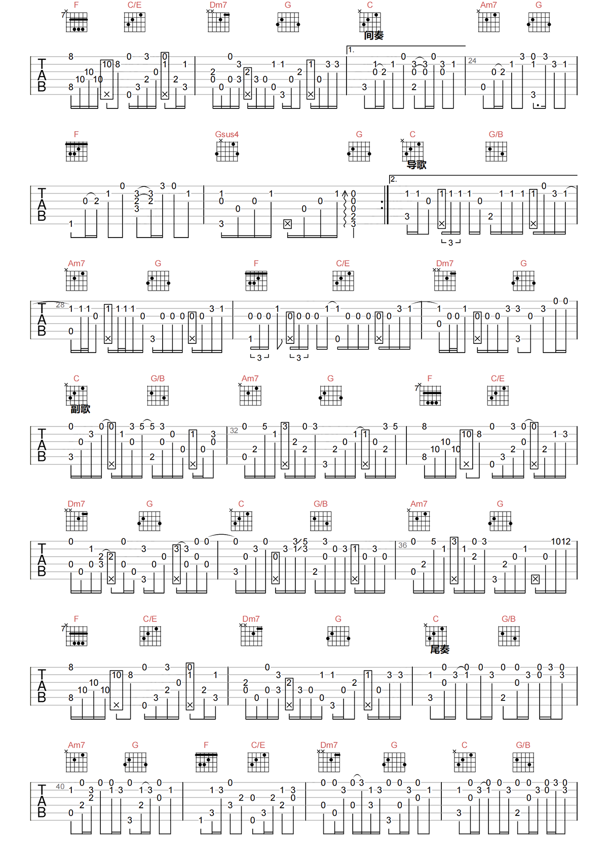 发如雪指弹吉他谱-周杰伦-《发如雪》高清独奏吉他谱简谱