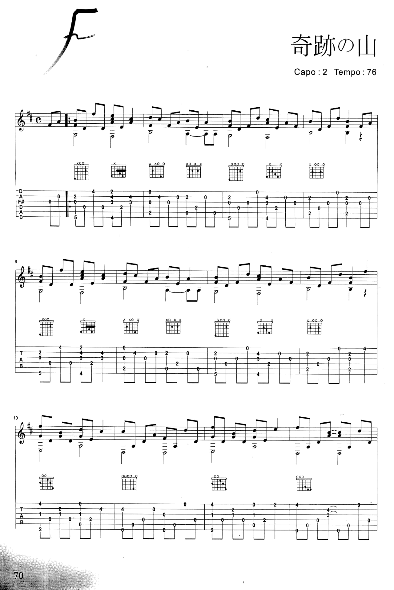 奇迹的山吉他谱-岸部真明-奇迹的山指弹独奏吉他谱简谱