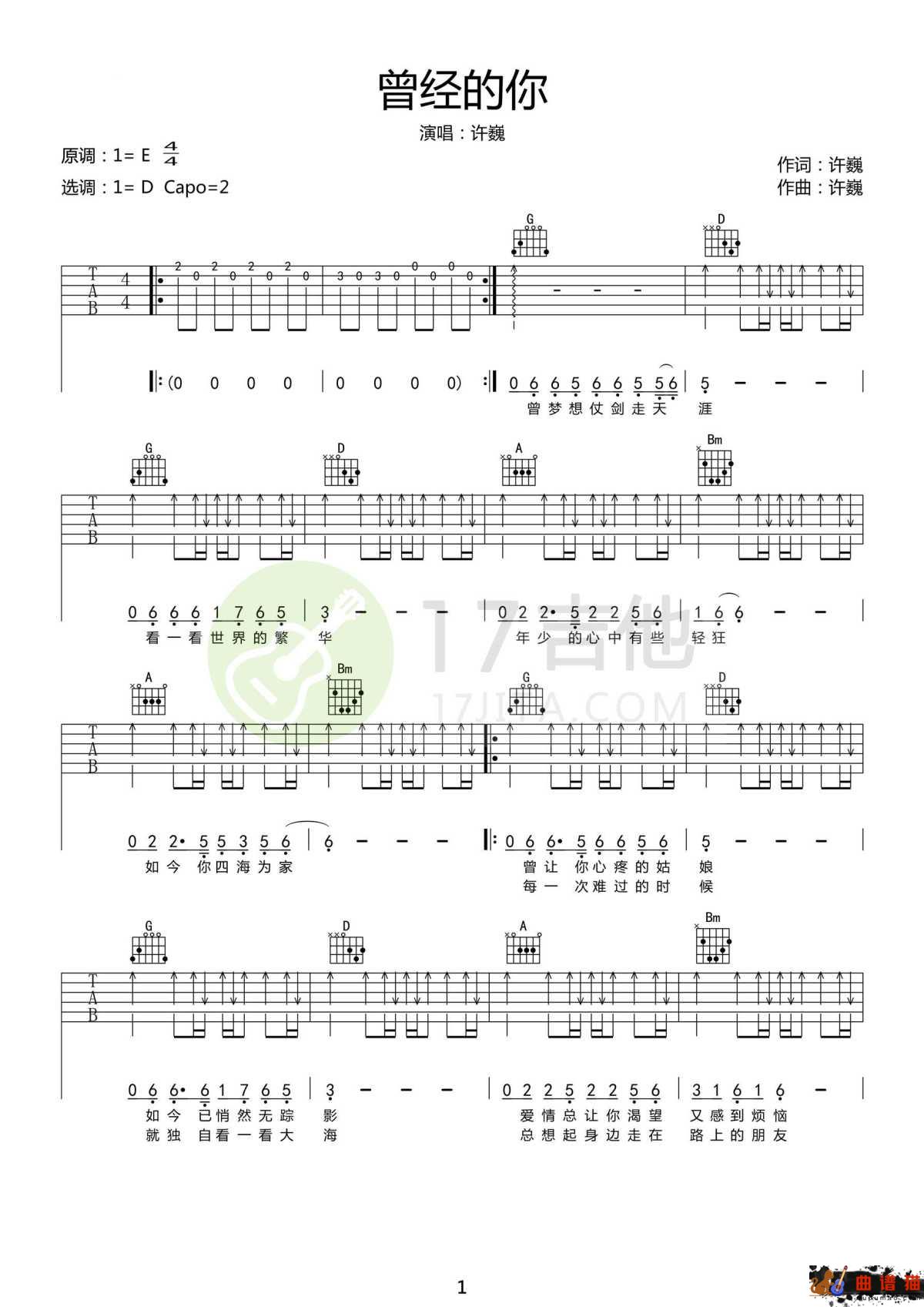 曾经的你吉他谱-许巍-致终将逝去的青春简谱