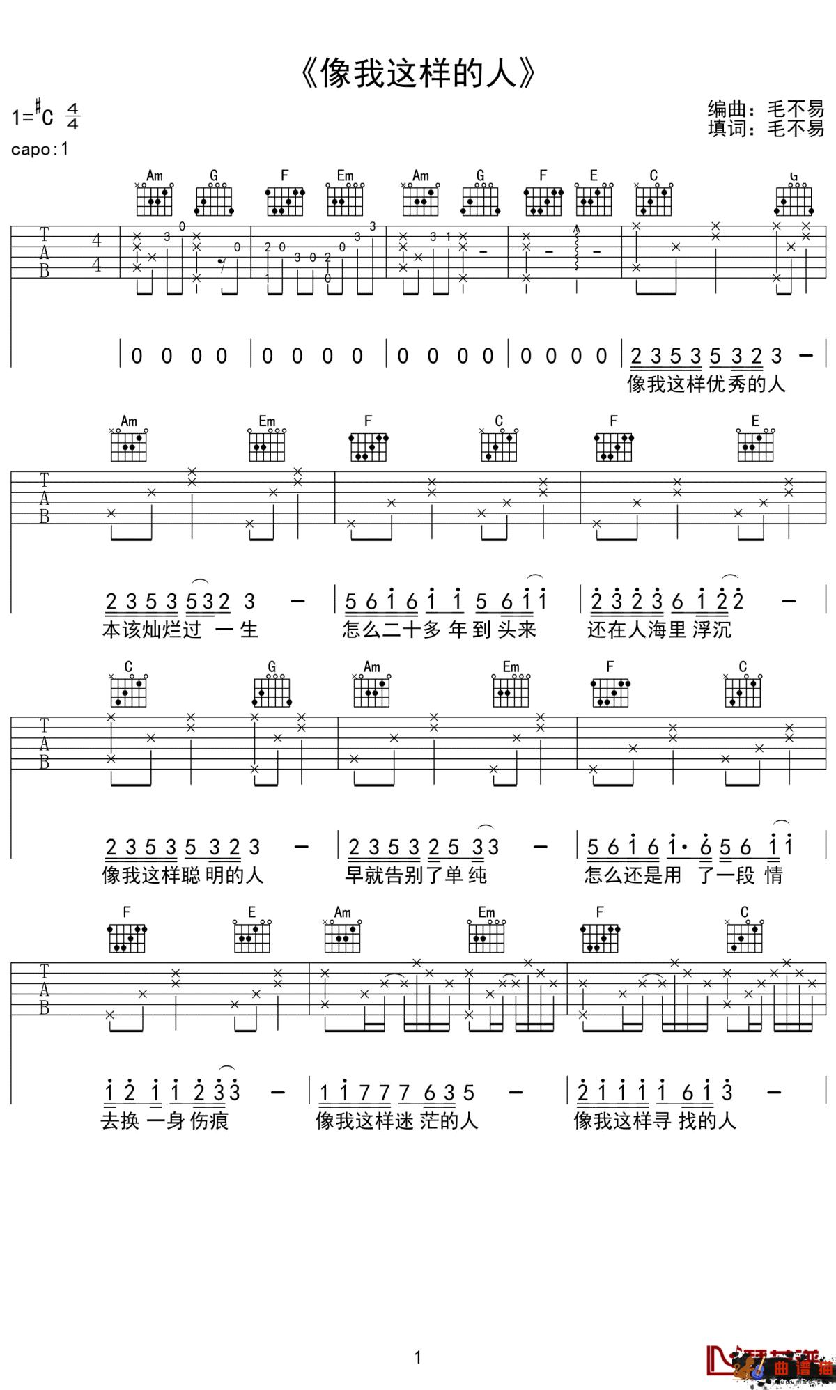 像我这样的人吉他谱-毛不易 费尽全力，也只是个普通人简谱