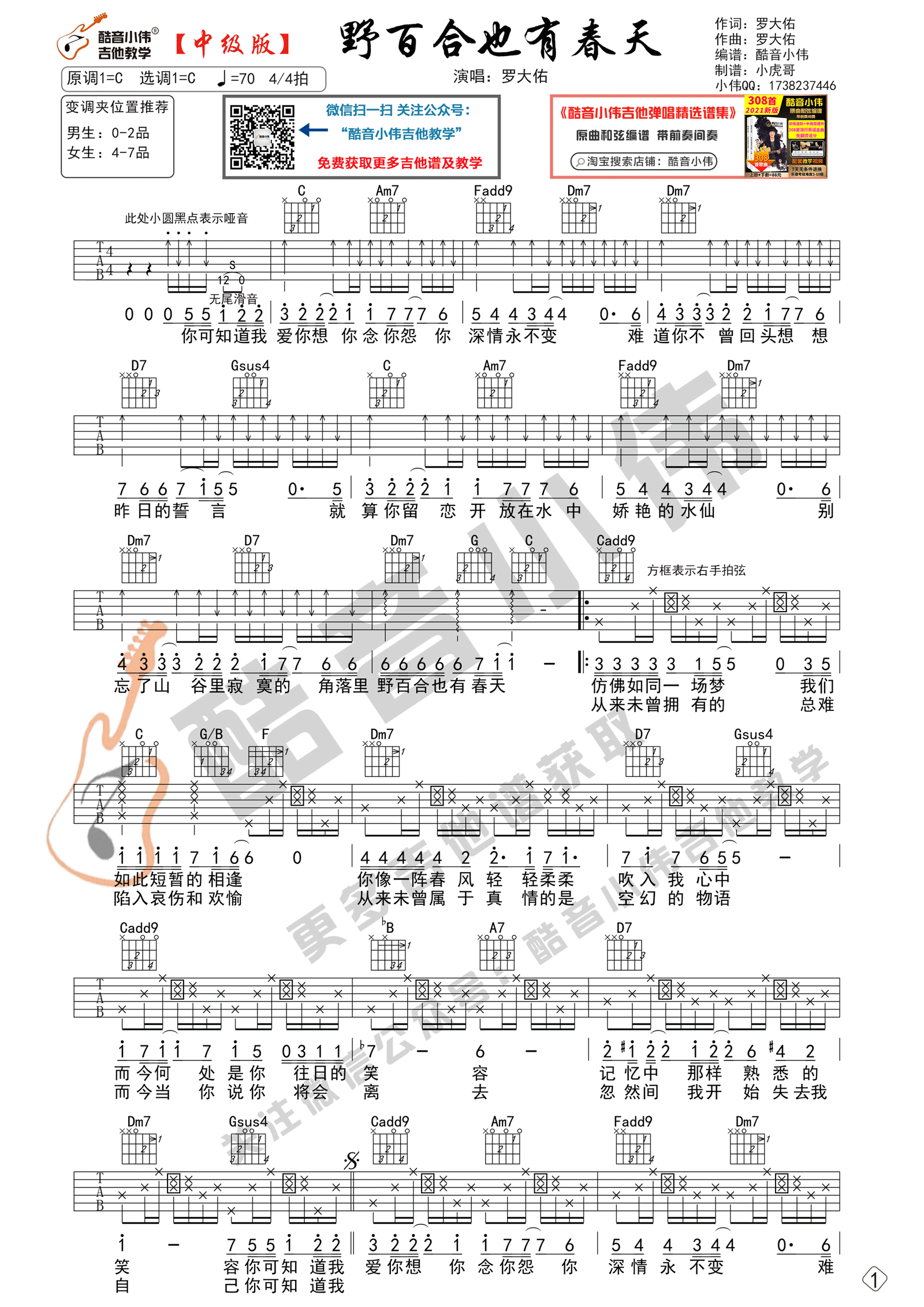 野百合也有春天吉他谱-C调原版弹唱谱-罗大佑-附教学视频简谱