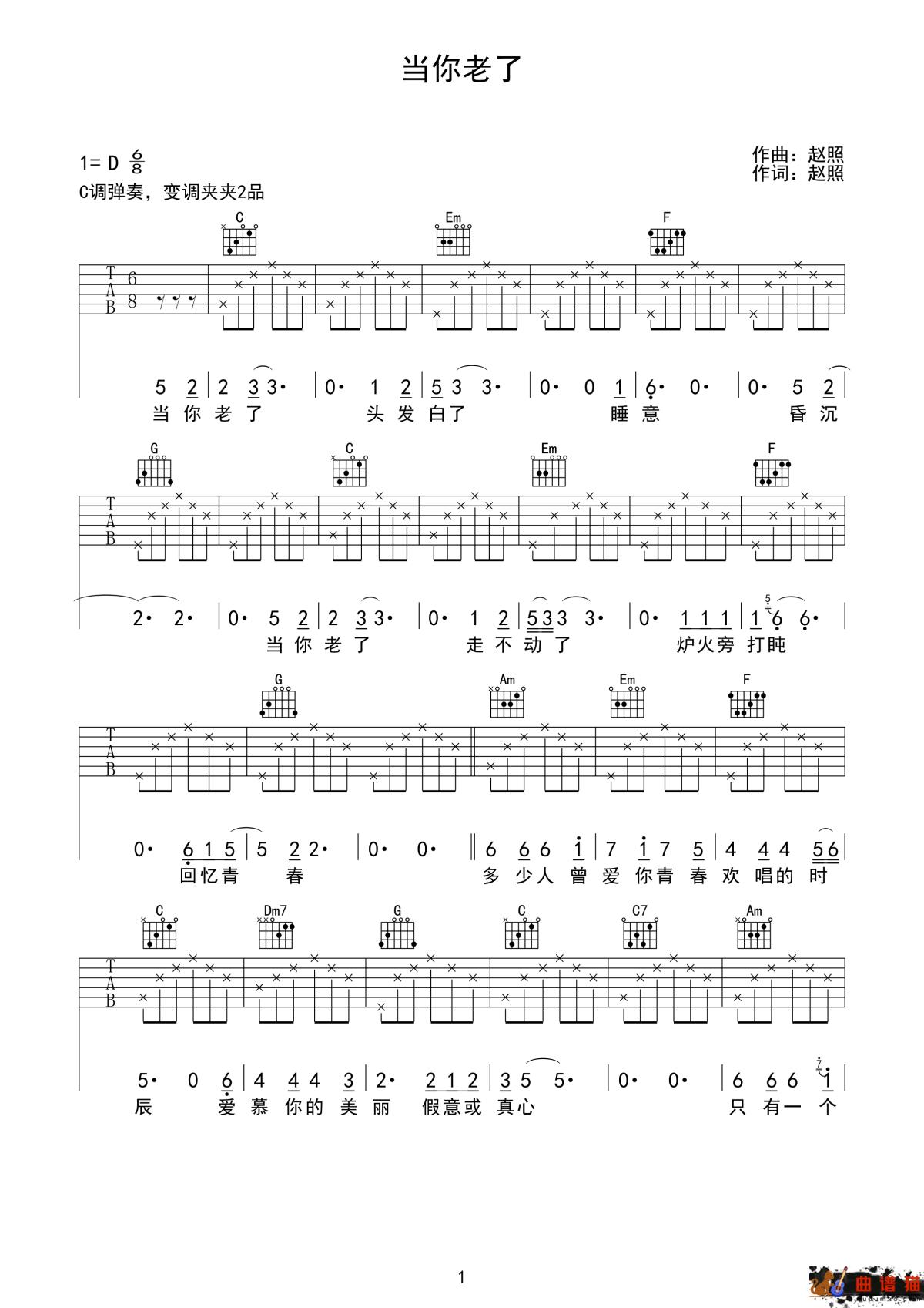 当你老了吉他谱-赵照-爱和恨之间复杂的张力简谱