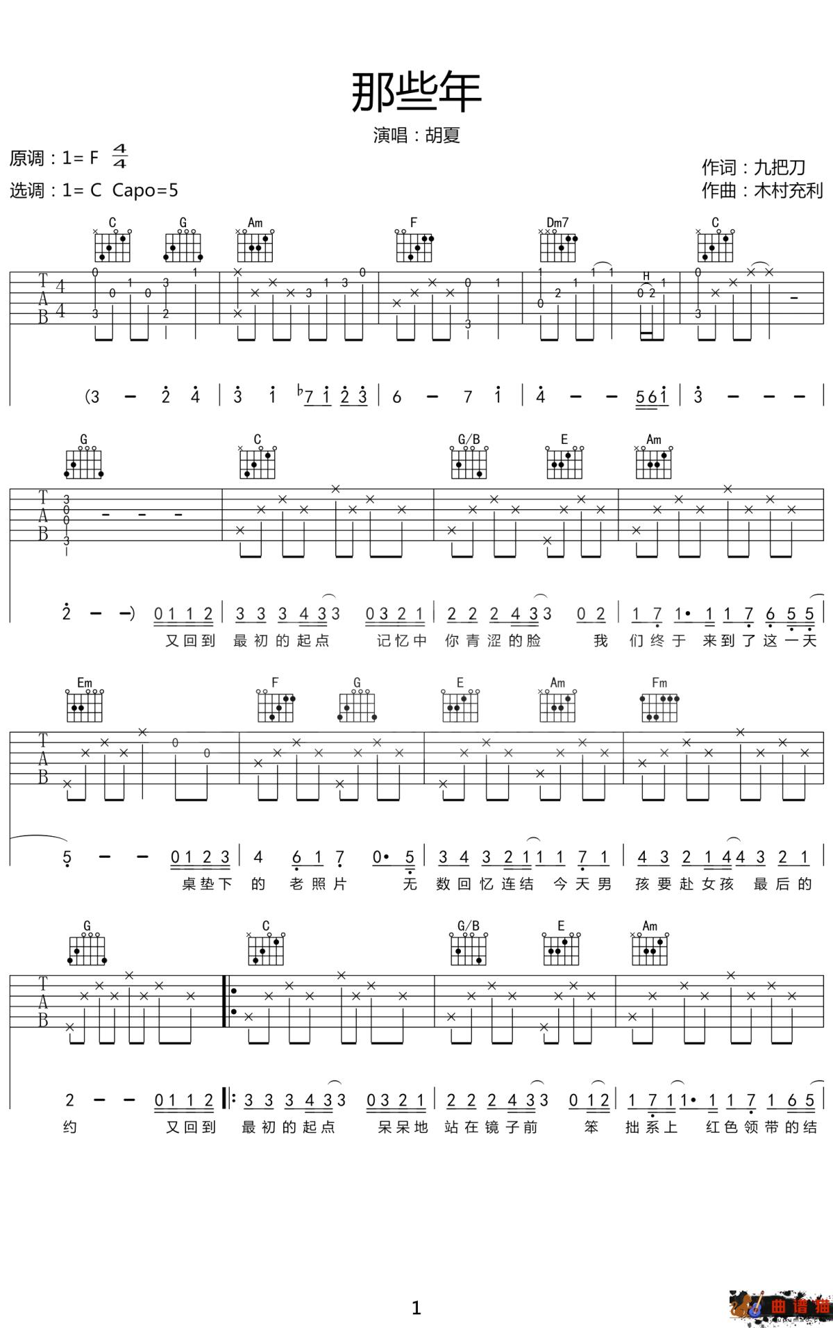 那些年吉他谱  胡夏- 致那些年我们错过的爱情简谱