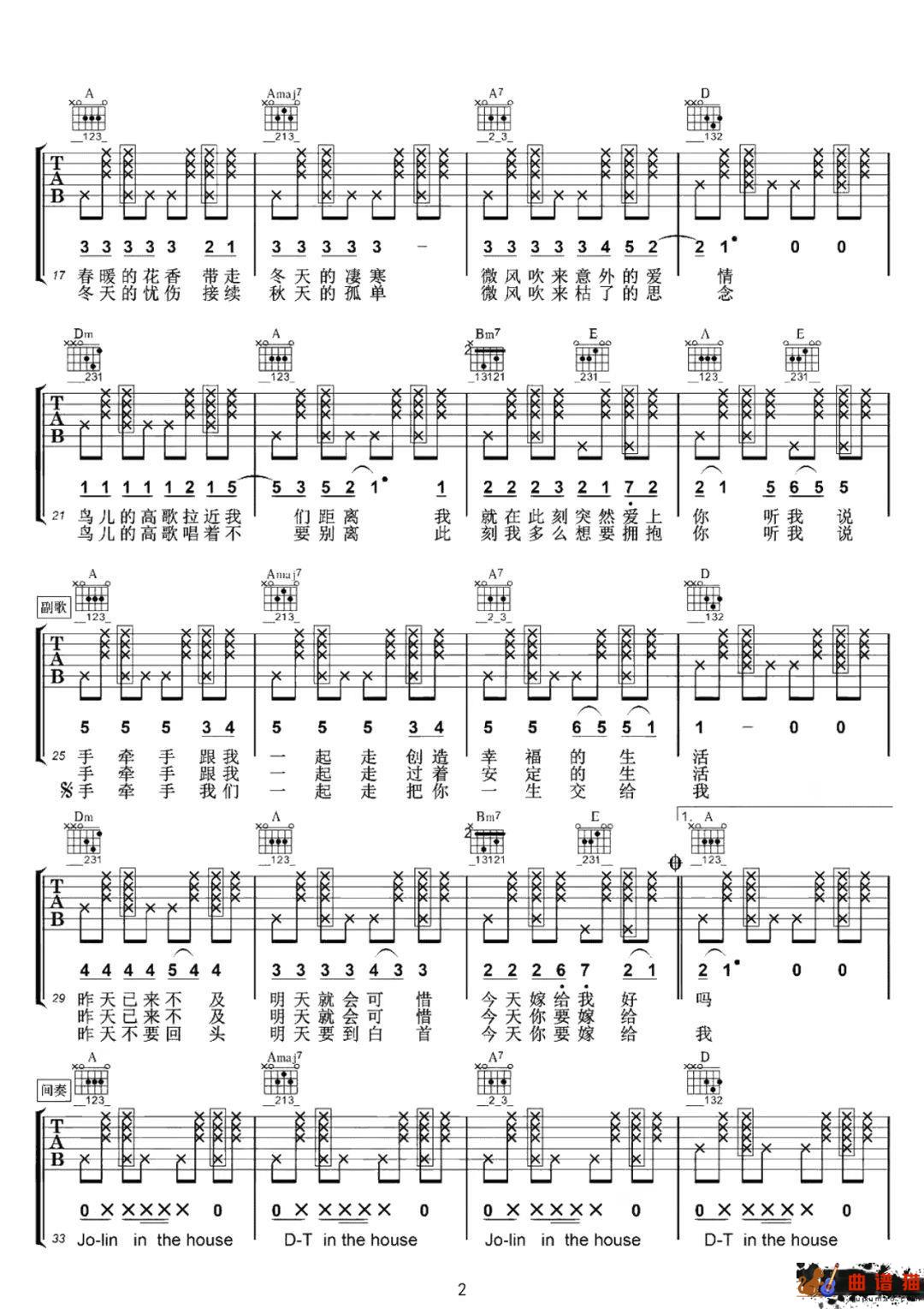 陶喆、蔡依林《今天你要嫁给我》吉他谱-C调