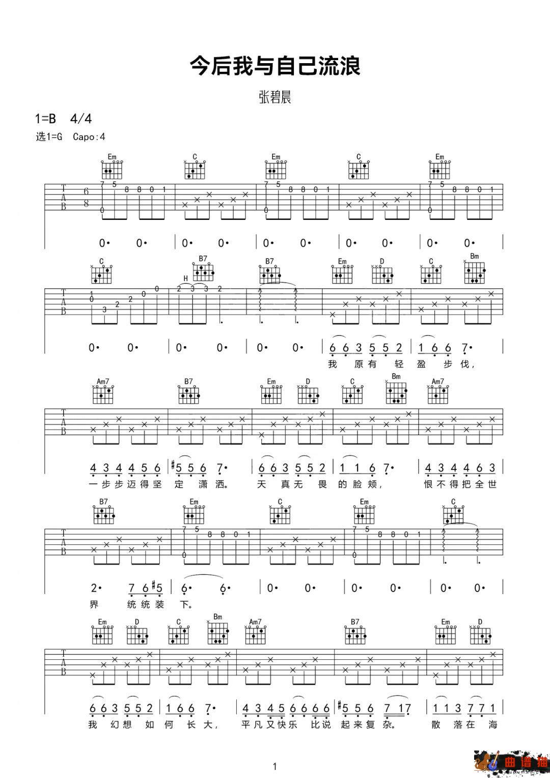 张碧晨《今后我与自己流浪》吉他谱-G调简谱