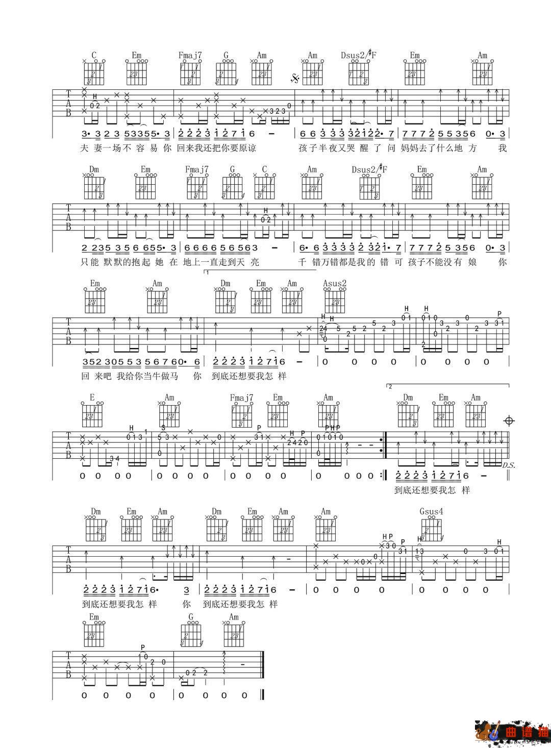 王琪《红尘情痴》吉他谱-C调简谱