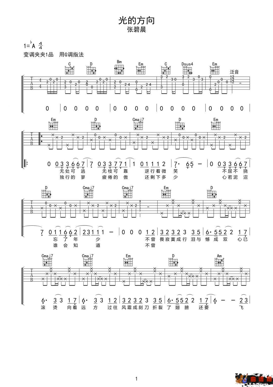 张碧晨《光的方向》吉他谱-G调简谱