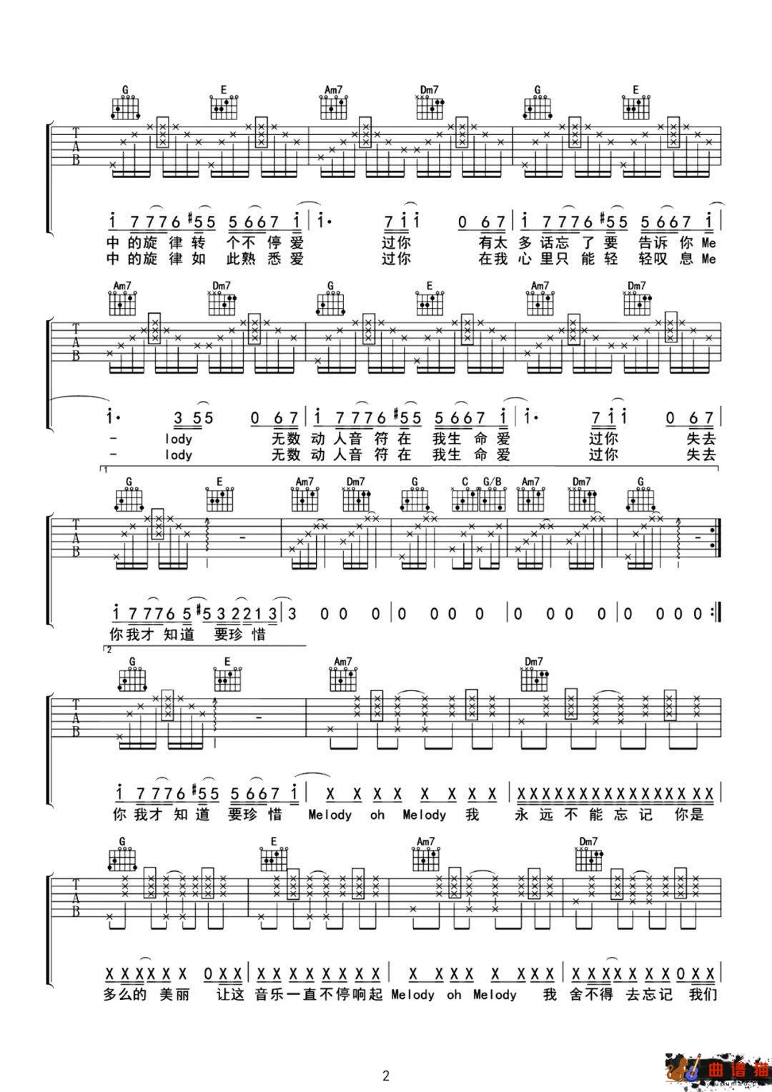 陶喆《Melody》吉他谱-C调简谱