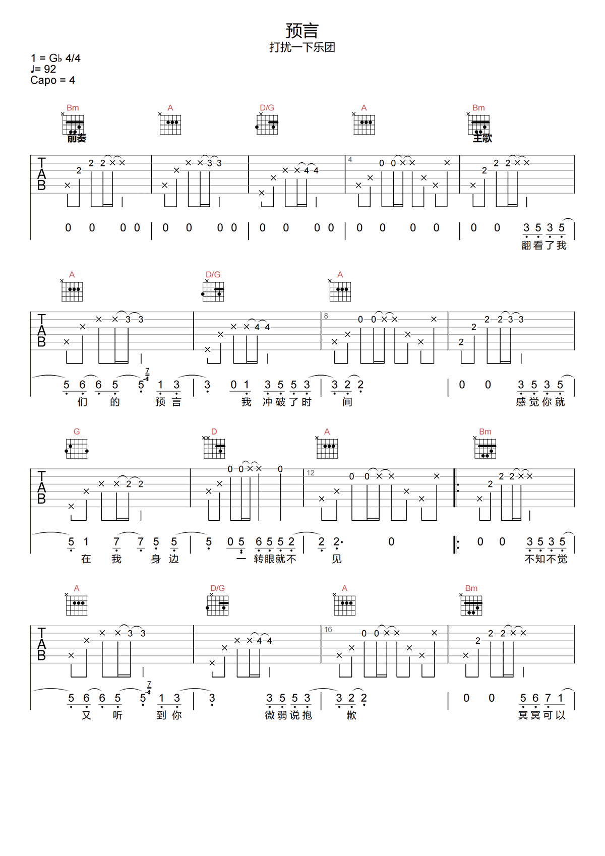 预言吉他谱-打扰一下乐团《预言》G调吉他谱-图片弹唱谱简谱