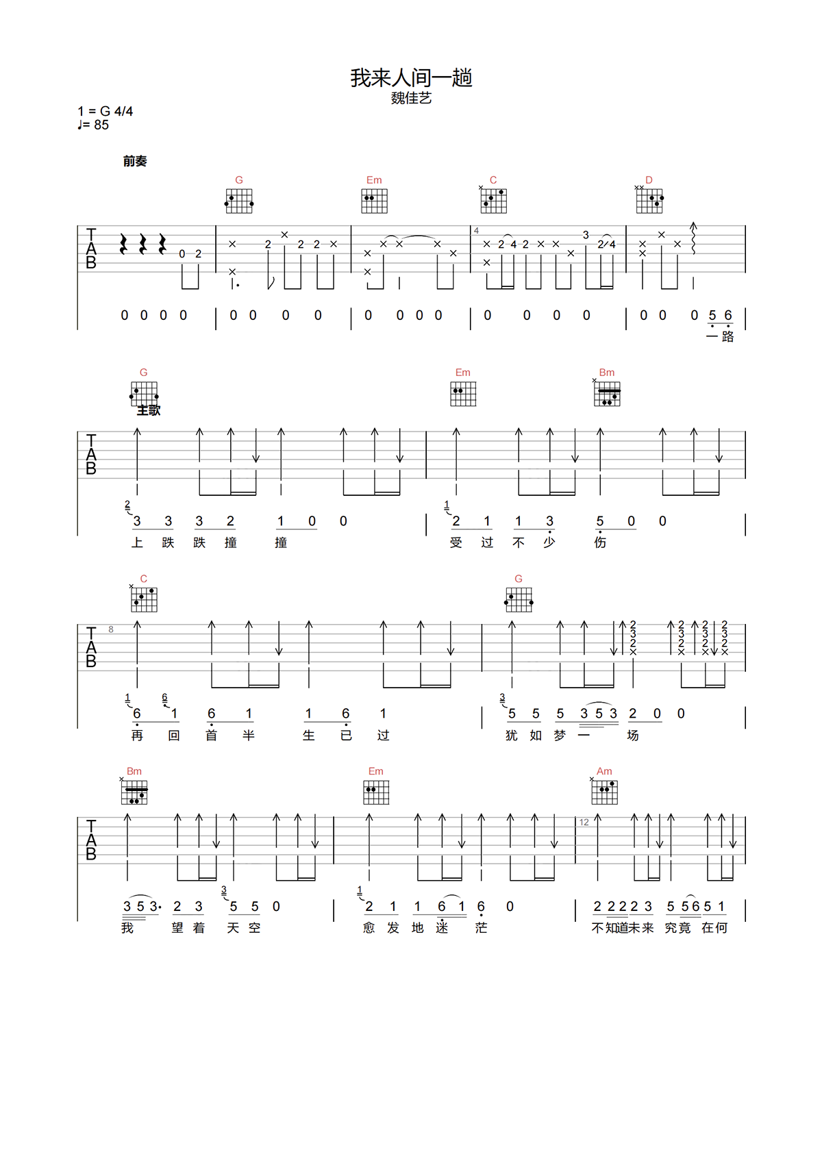 魏佳艺《我来人间一趟吉他谱》G调简谱