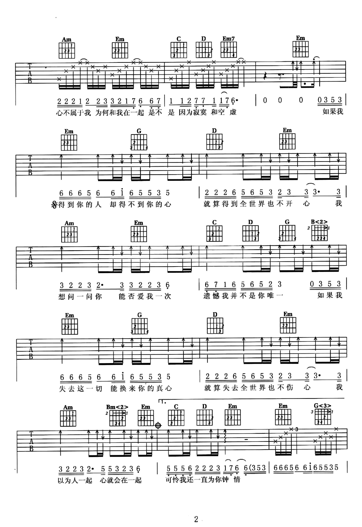 欢子《得到你的人却得不到你的心吉他谱》G调原版弹唱谱简谱