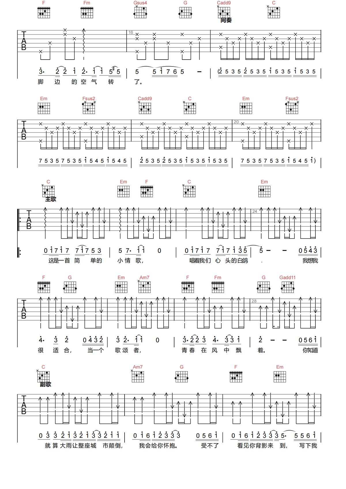 小情歌吉他谱-苏打绿《小情歌》C调超还原版吉他谱简谱