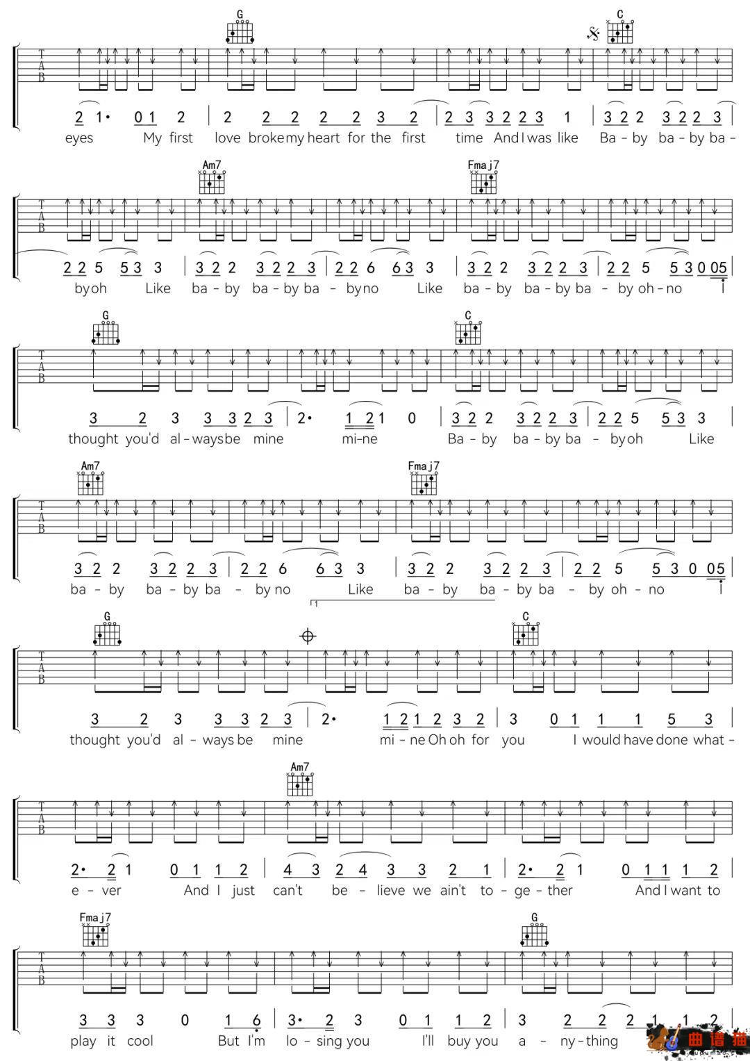贾斯汀·比伯《Baby》吉他谱-C调简谱