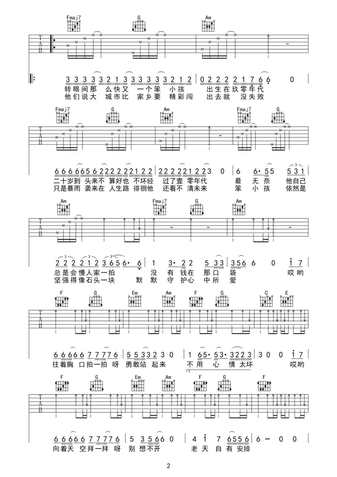 刘德华、易烊千玺《还是笨小孩》吉他谱-C调简谱