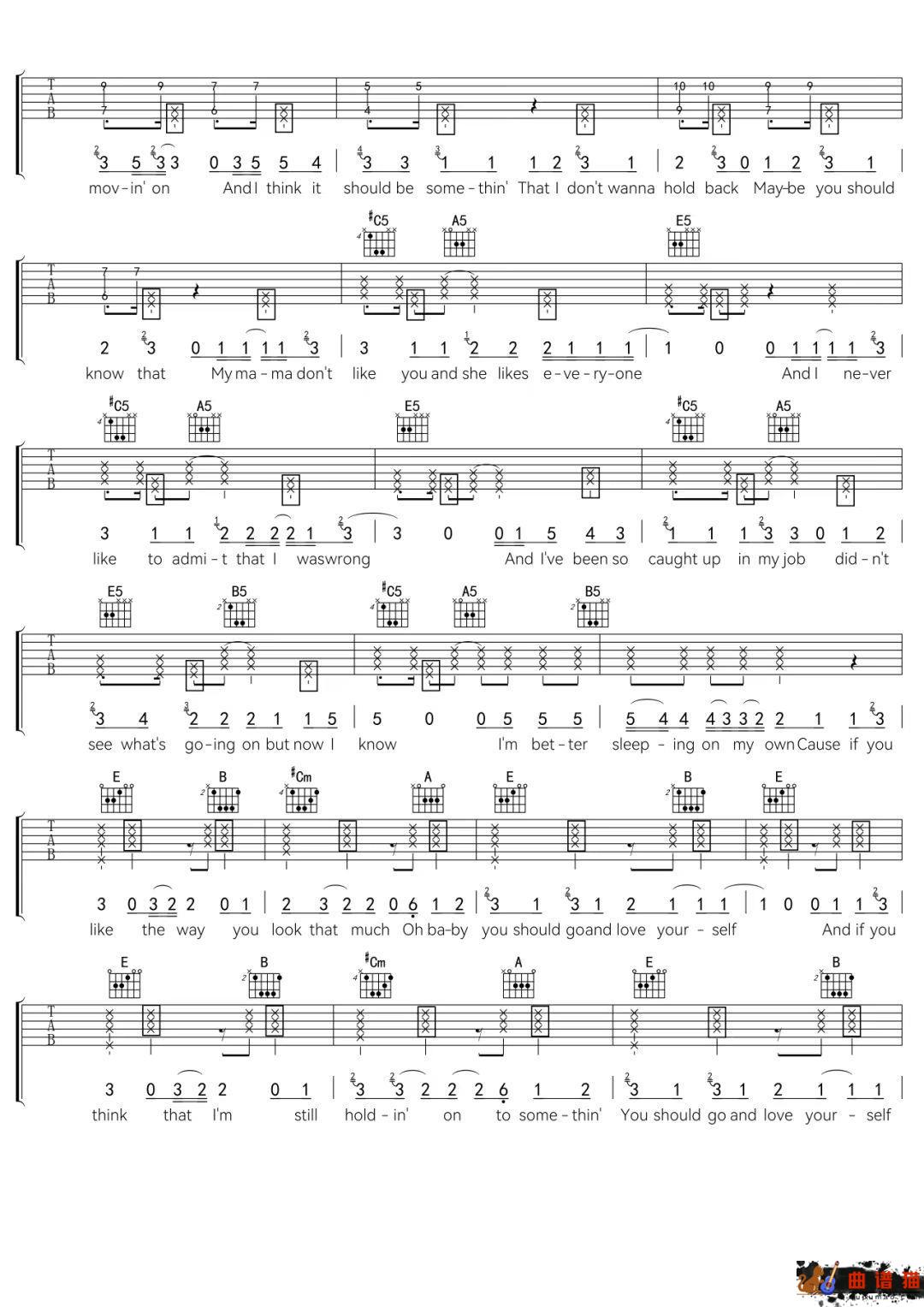 贾斯汀·比伯《Love Yourself》吉他谱-C调简谱