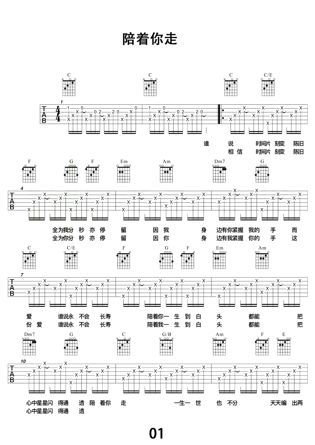 卢冠廷《陪着你走吉他谱》C调简谱