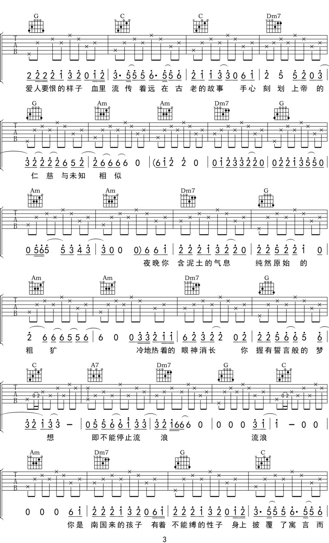 张悬/乌拉乐队《南国的孩子吉他谱》原版简谱