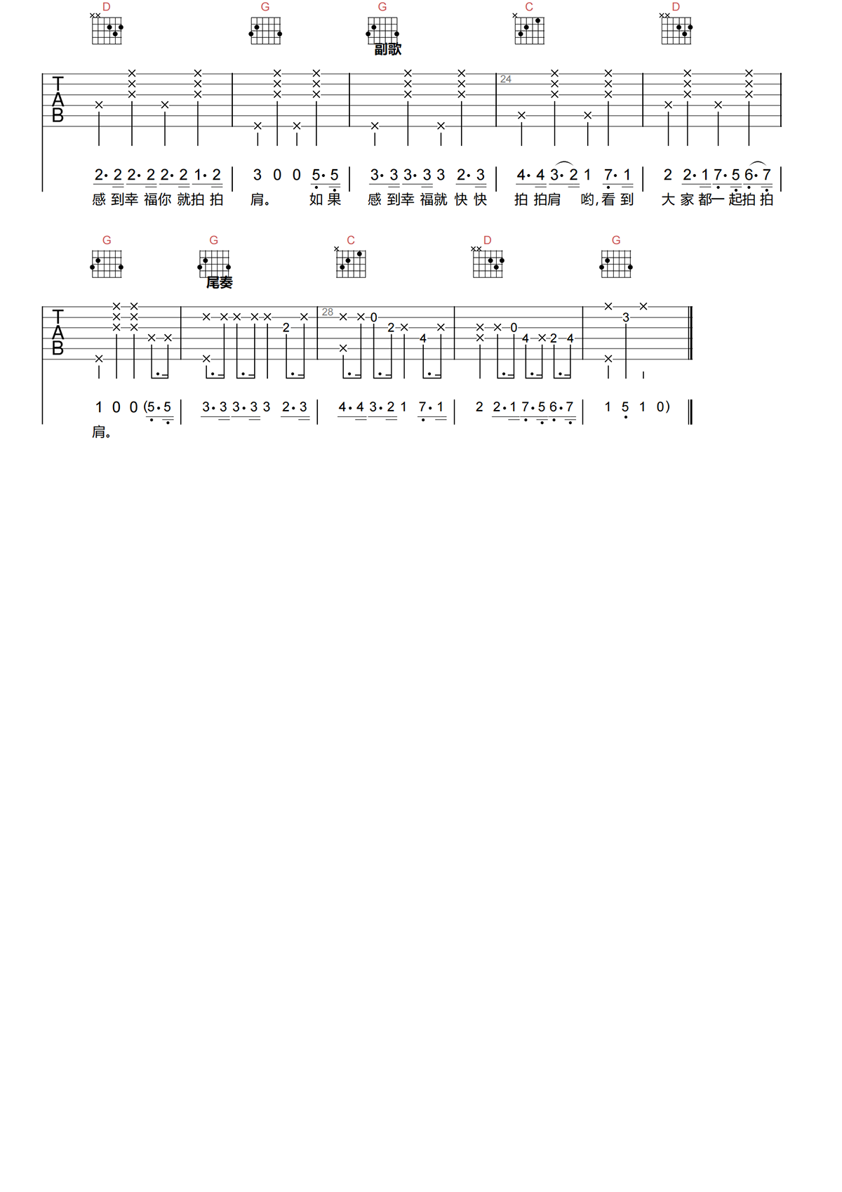 幸福拍手歌吉他谱-贝乐虎-G调原版吉他谱-高清弹唱谱简谱
